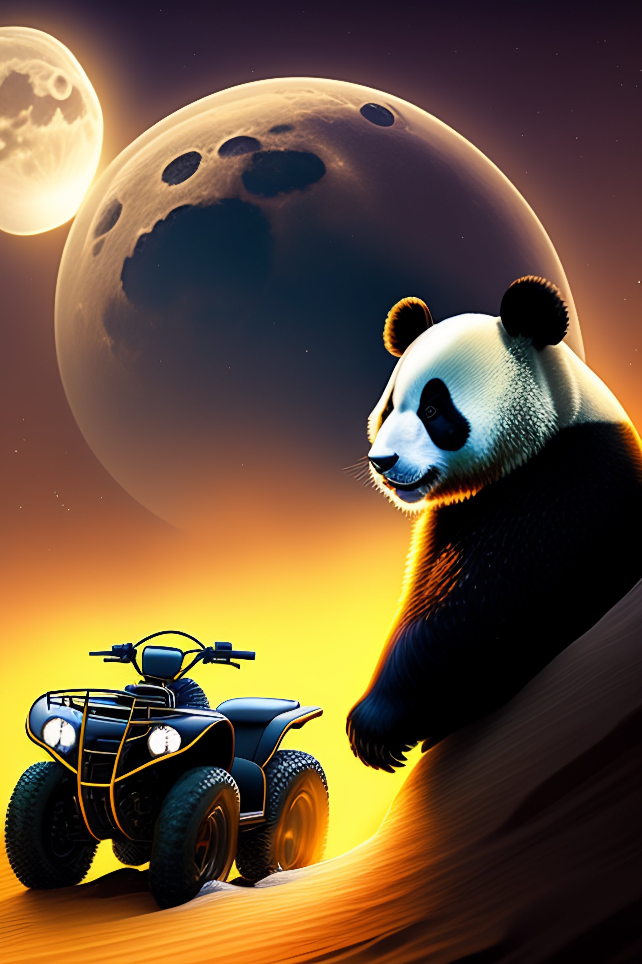 Lexica - Panda knight Rider on quad in the moon. Comic type