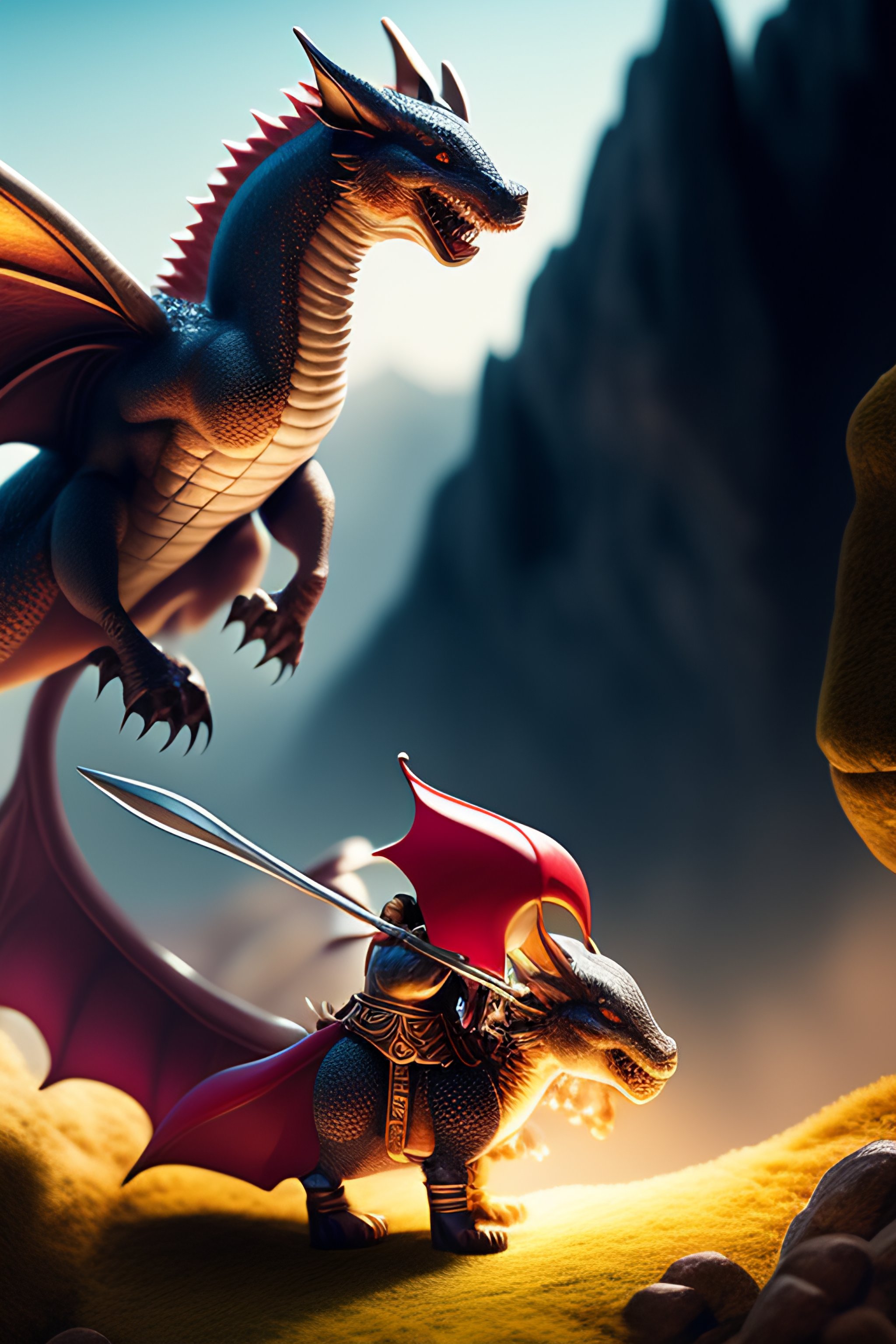 Lexica - Knight fighting a baby dragon in the mountain