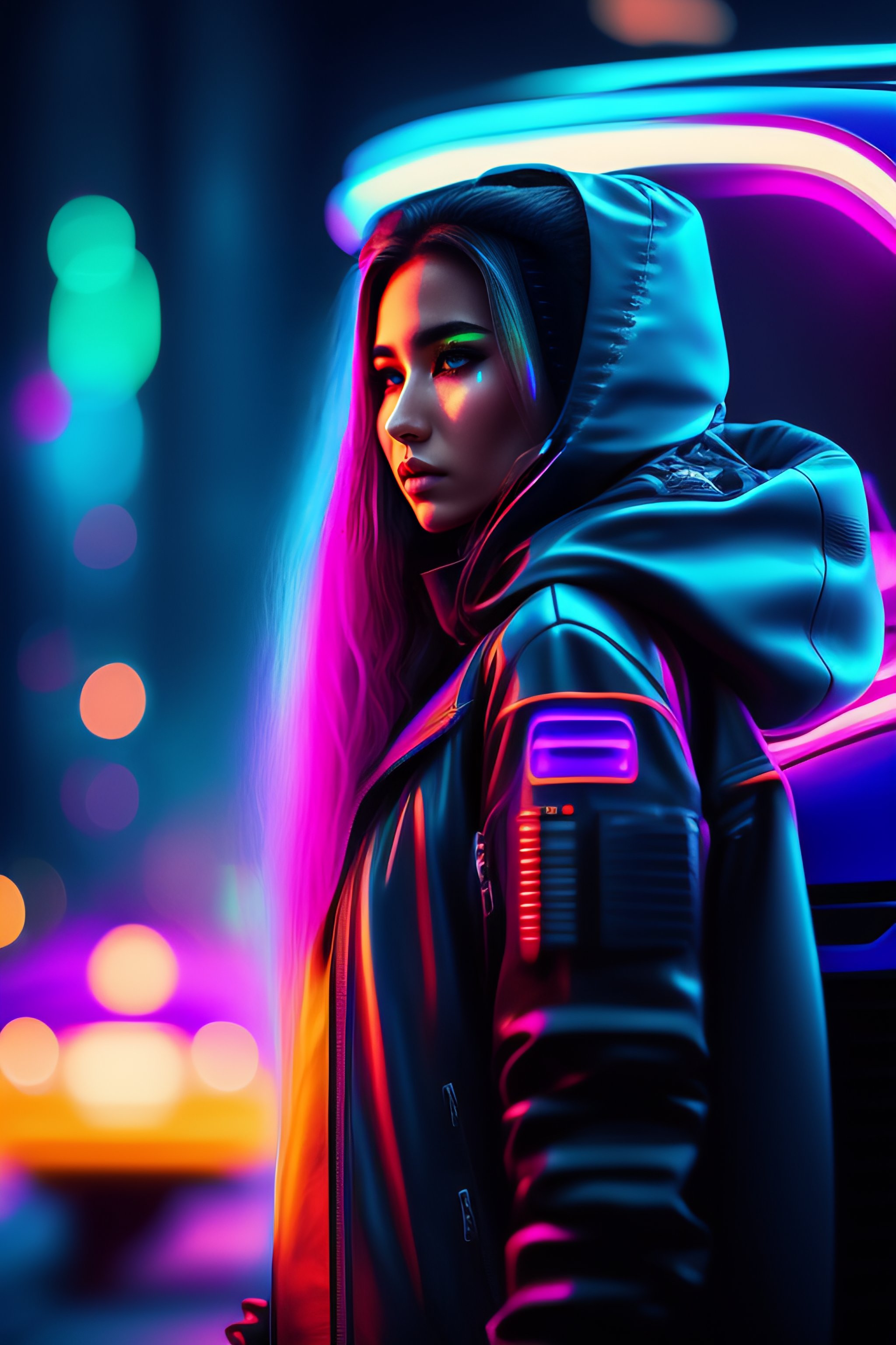 Lexica - Cyberpunk edgerunners, neon glowing, girl, car