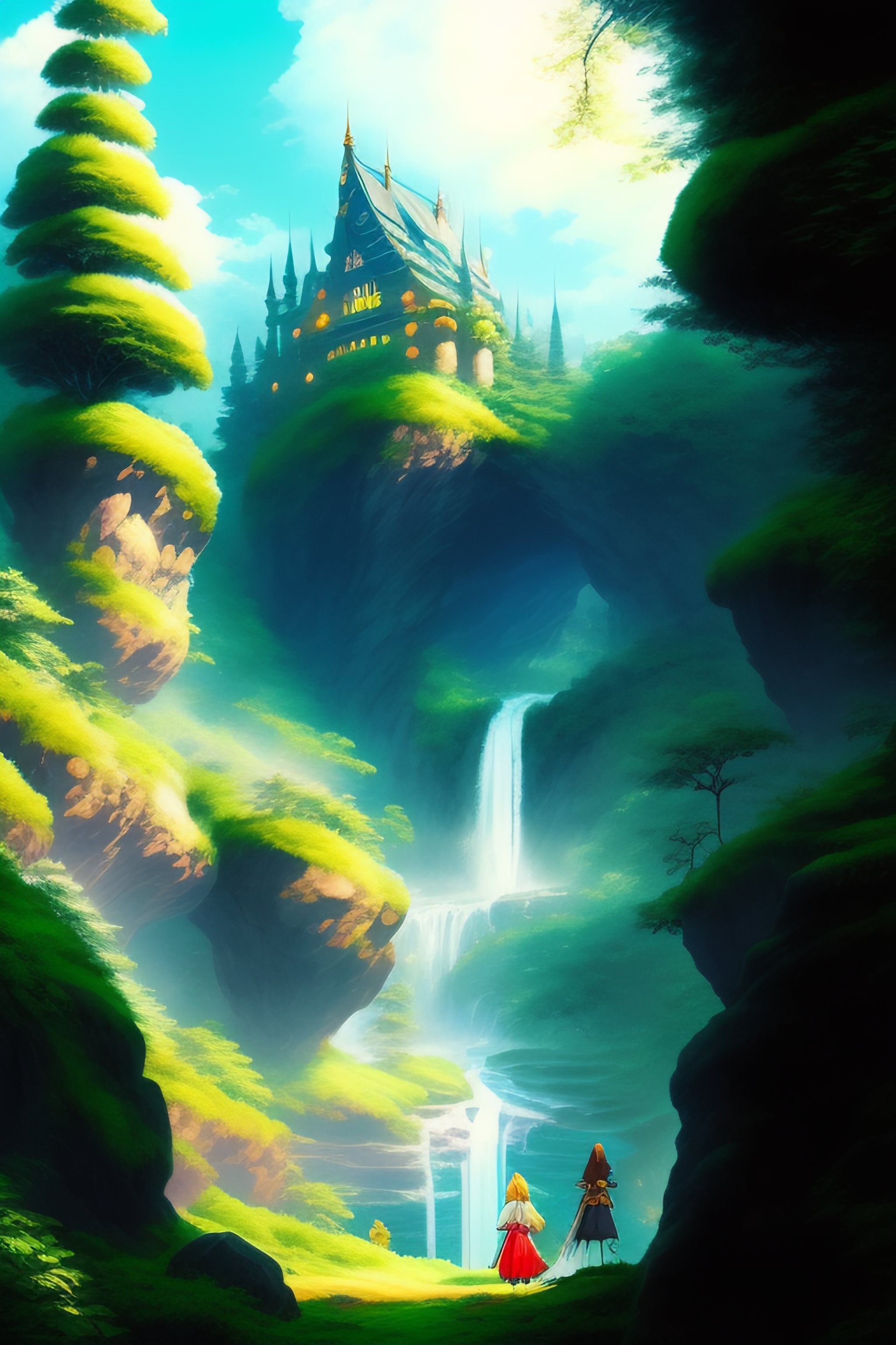 Lexica - Fantasy adventure style. A lush, magical forest with a castle ...