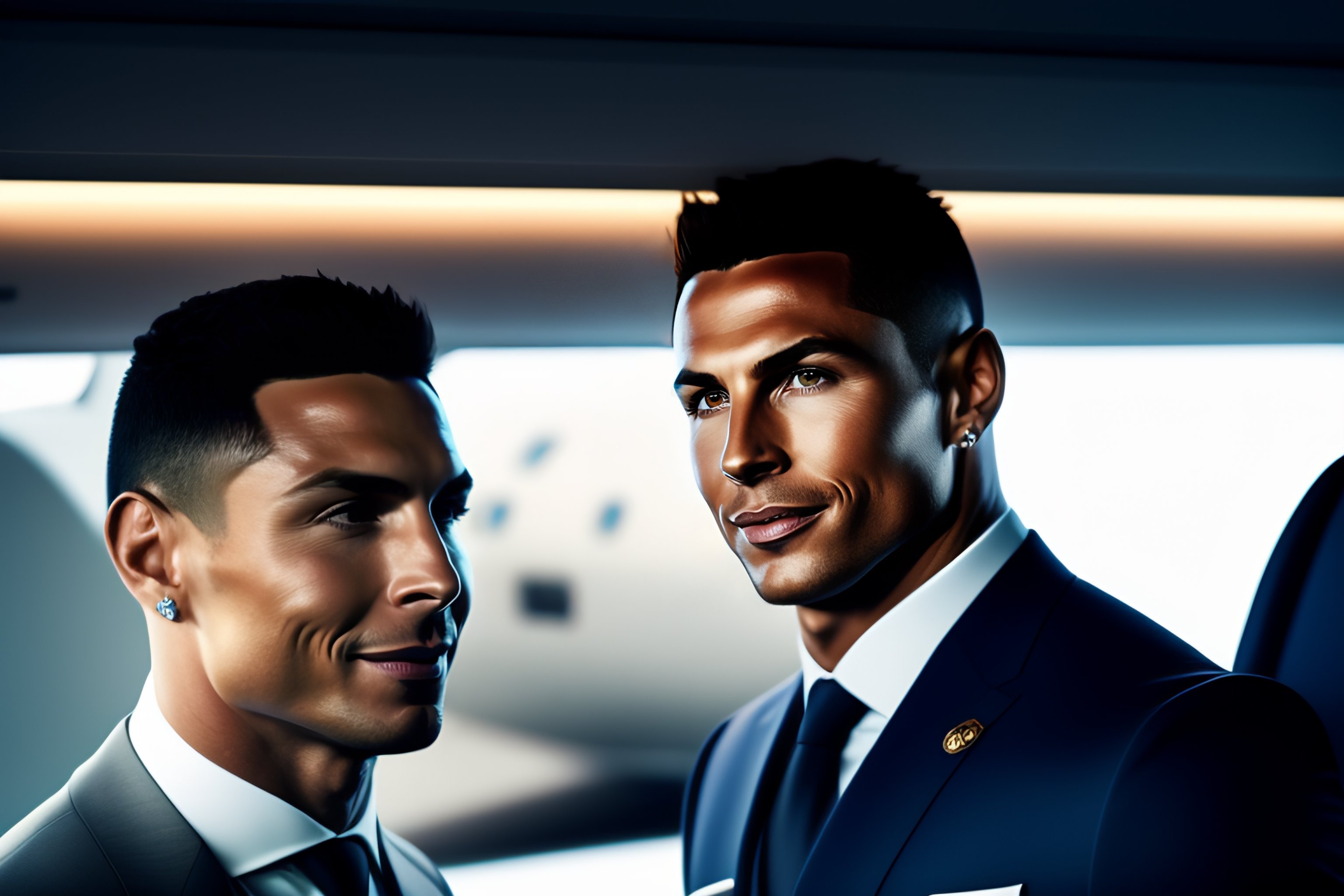 Lexica - 8k realistic shot of c-ronaldo and lionel messi, sitting in a ...