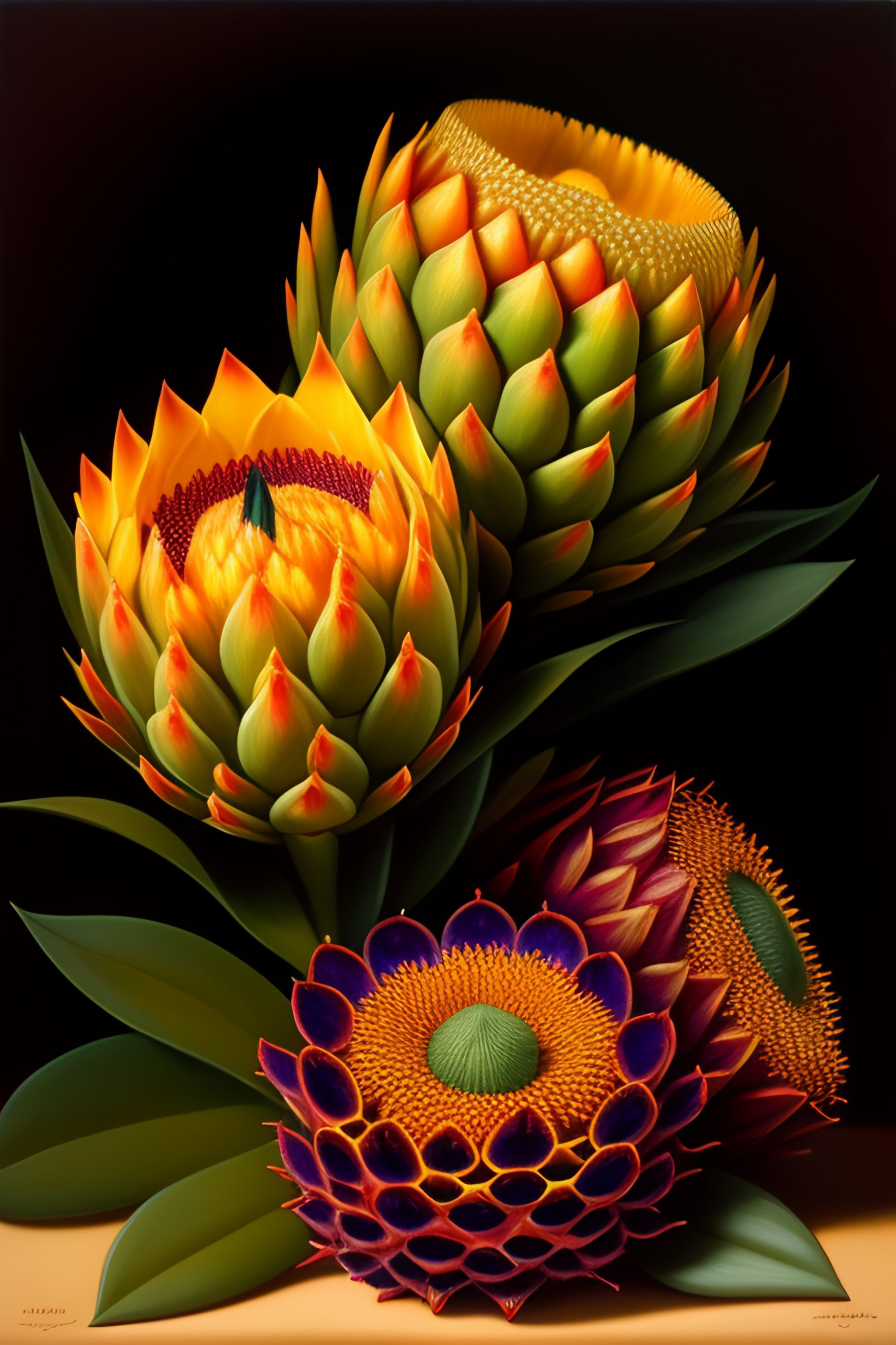 Lexica - Detailed King Proteas And Pincushions Against A Black Backdrop ...