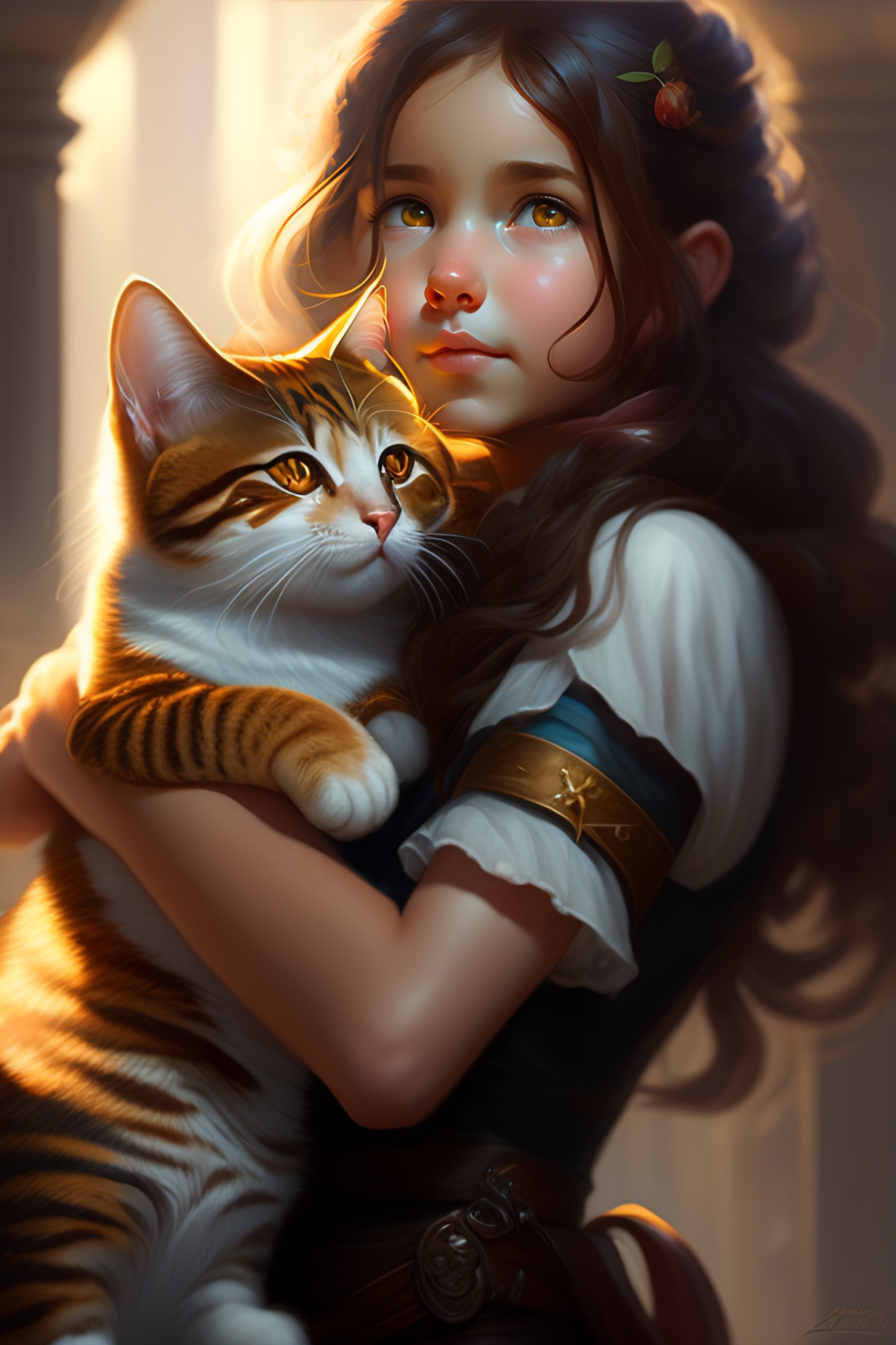 Lexica - A detailed portrait of a cute brunette girl hugging a tabby ...