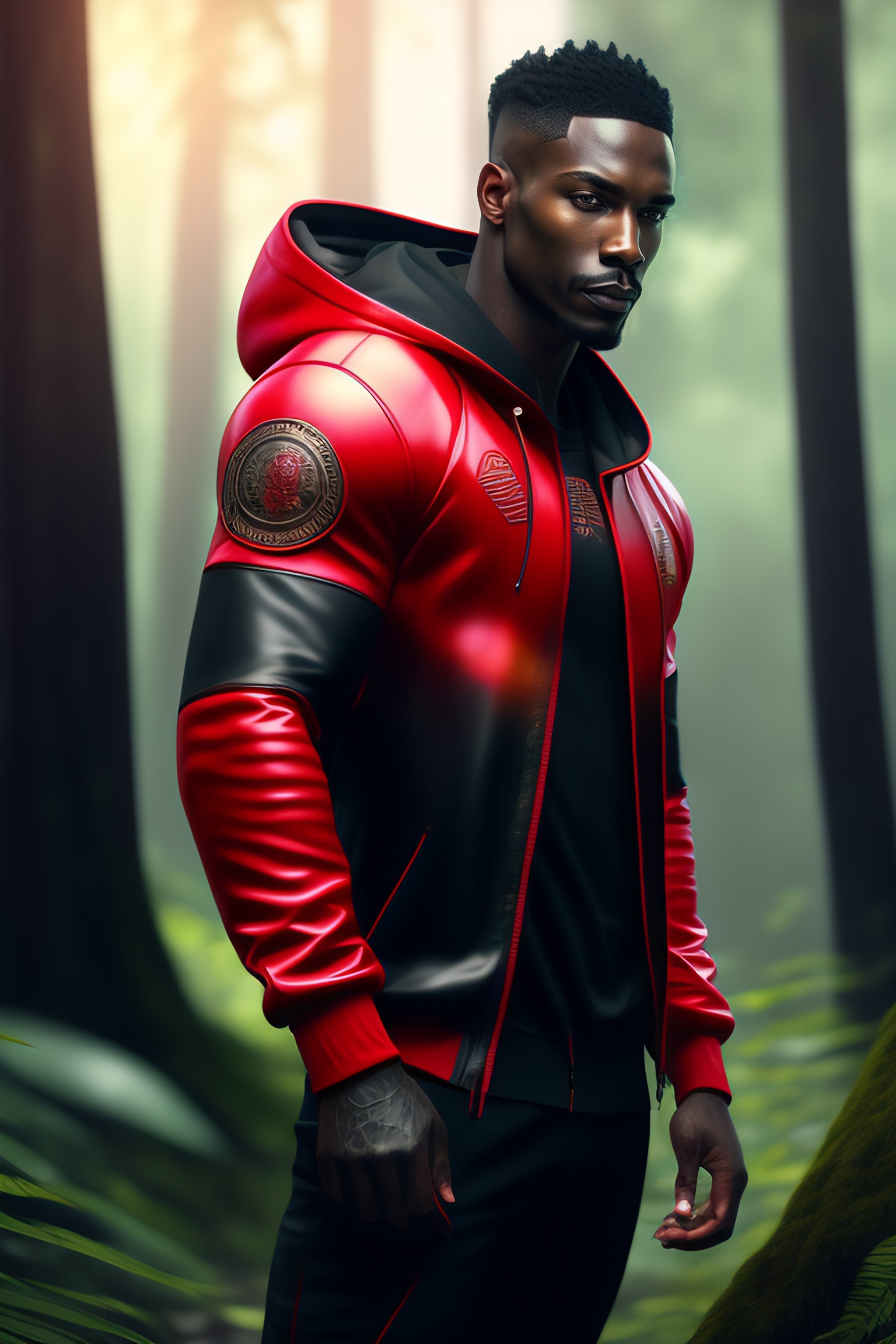 Lexica - Black man red hoodie red shorts with only one leg jumping in a ...