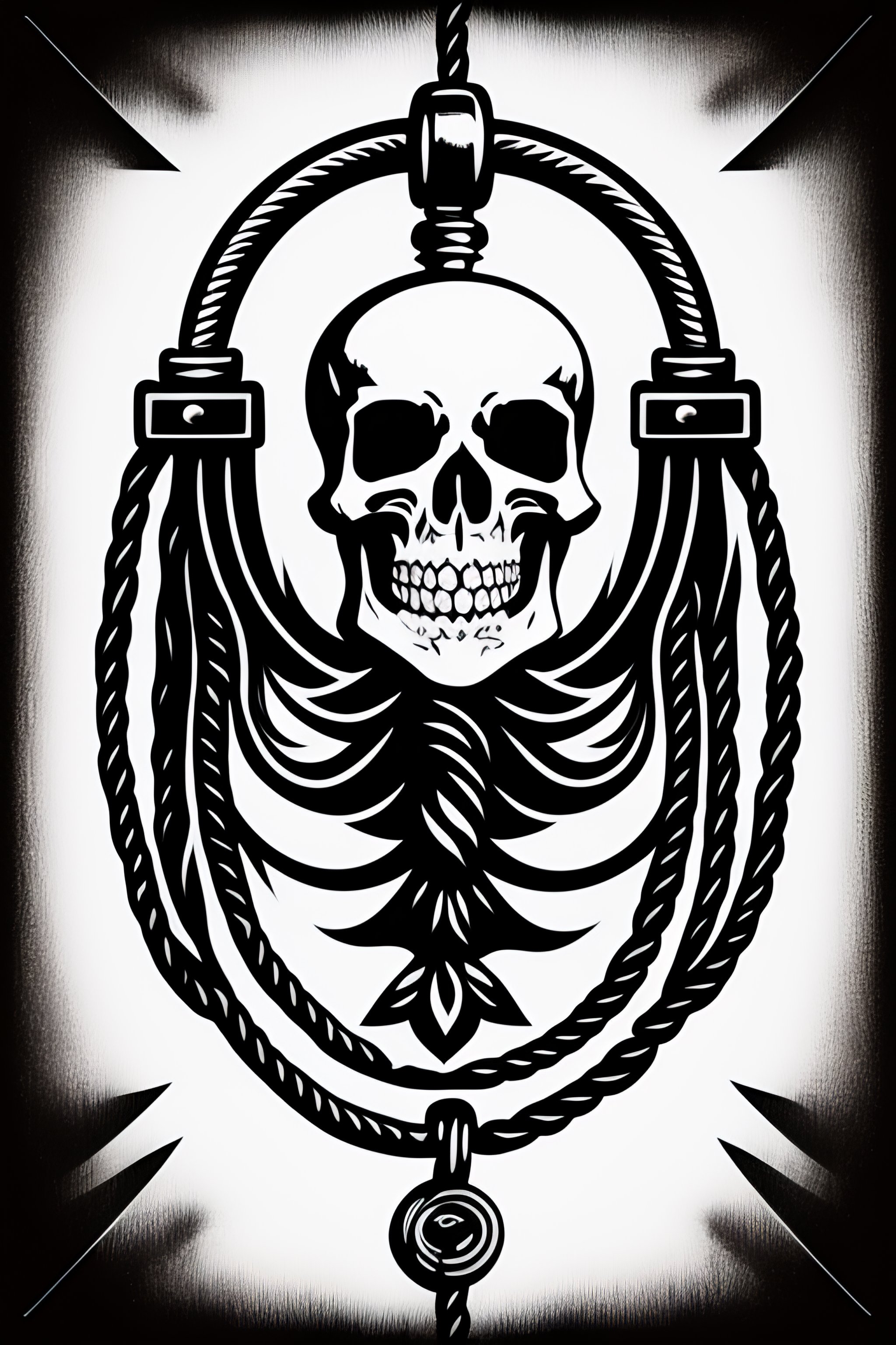 Lexica A skeleton pirate being hung on a rope at the gallows, glare