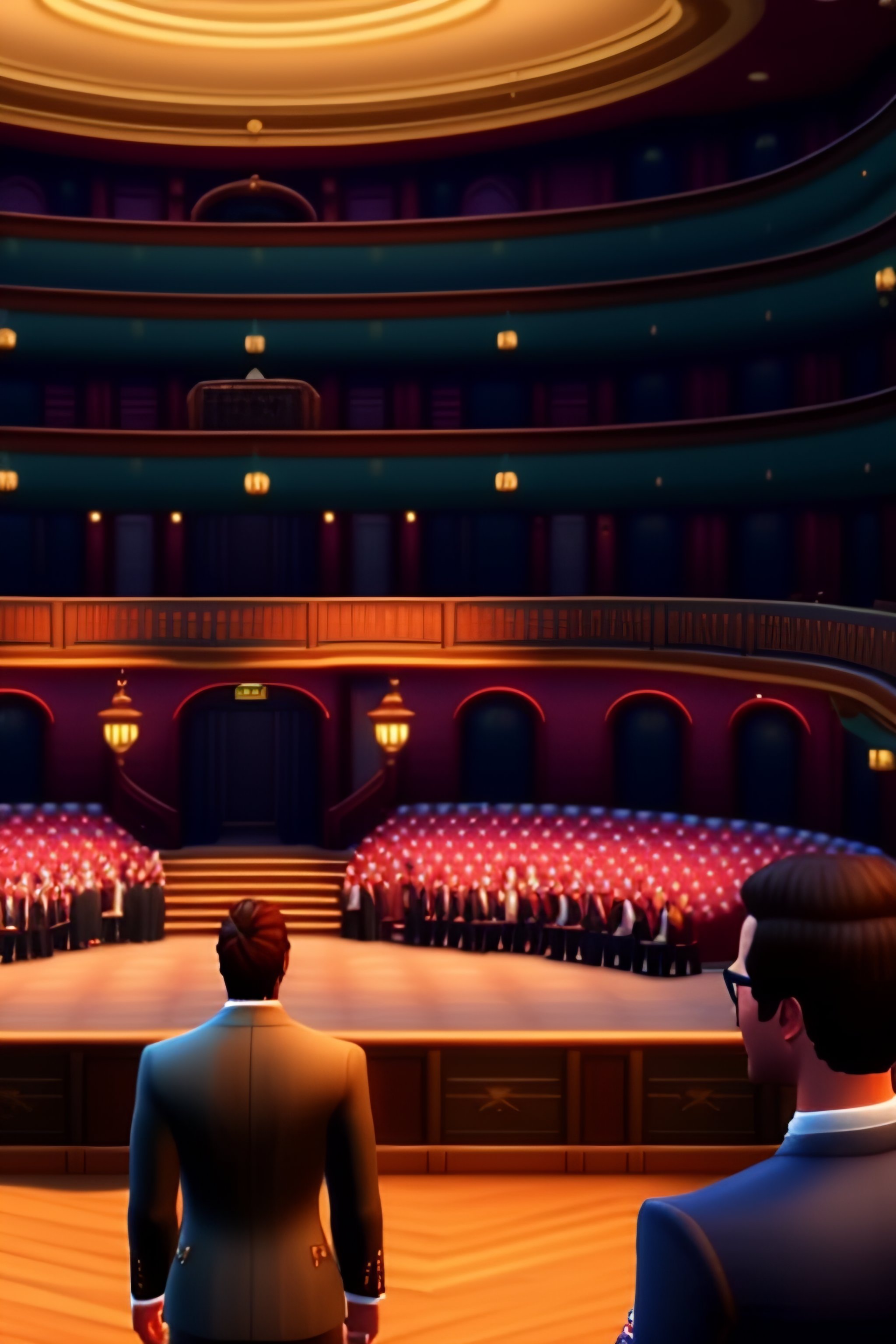 Lexica - Characters in The Sims 5 viewing a show in a crowded opera theatre