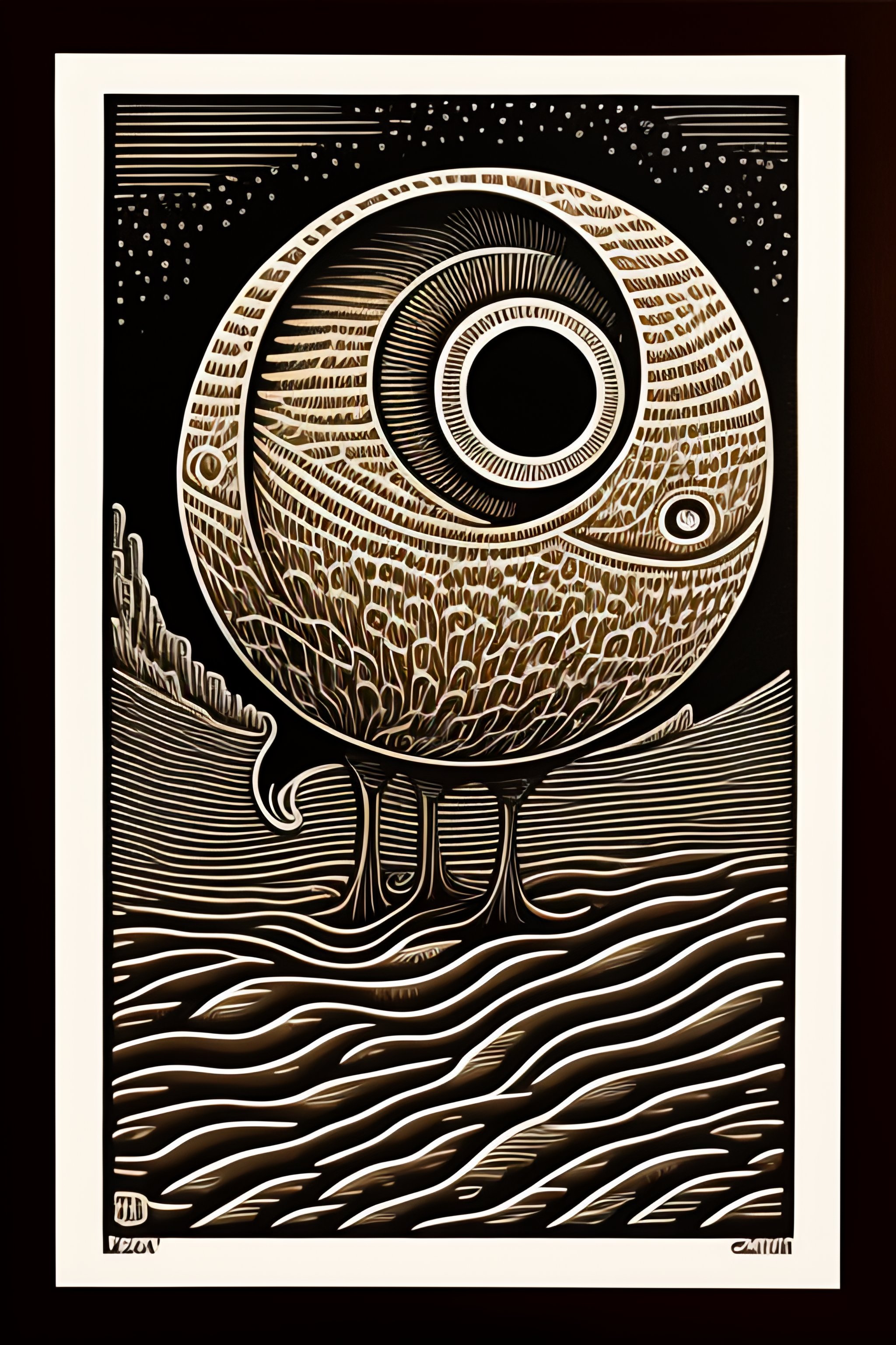 Lexica - An award winning linocut of A round monster with thin legs ...