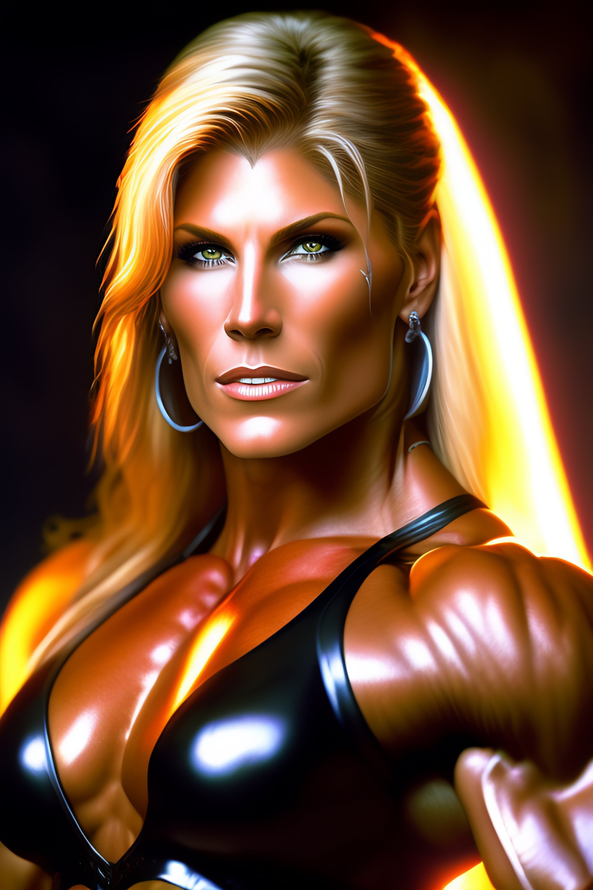 Lexica - Full body portrait of super muscular torrie wilson as xena ,copper  wires scars flame, visible scars and nerves, long full flowing hair ,intr...