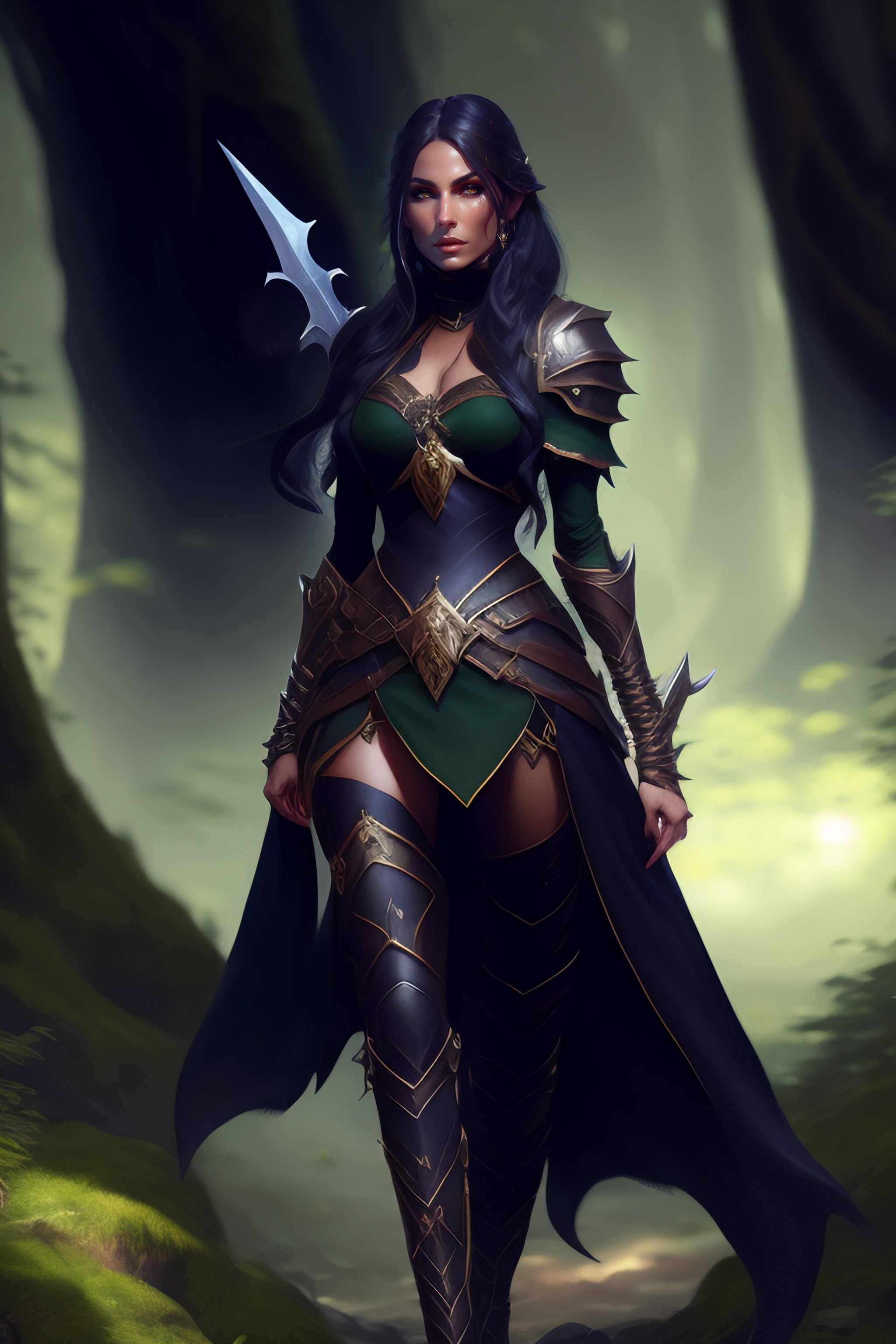 Lexica Rogue Elf Female Black Clothes Sword In Hand Full Body Forest Dandd Fantasy 