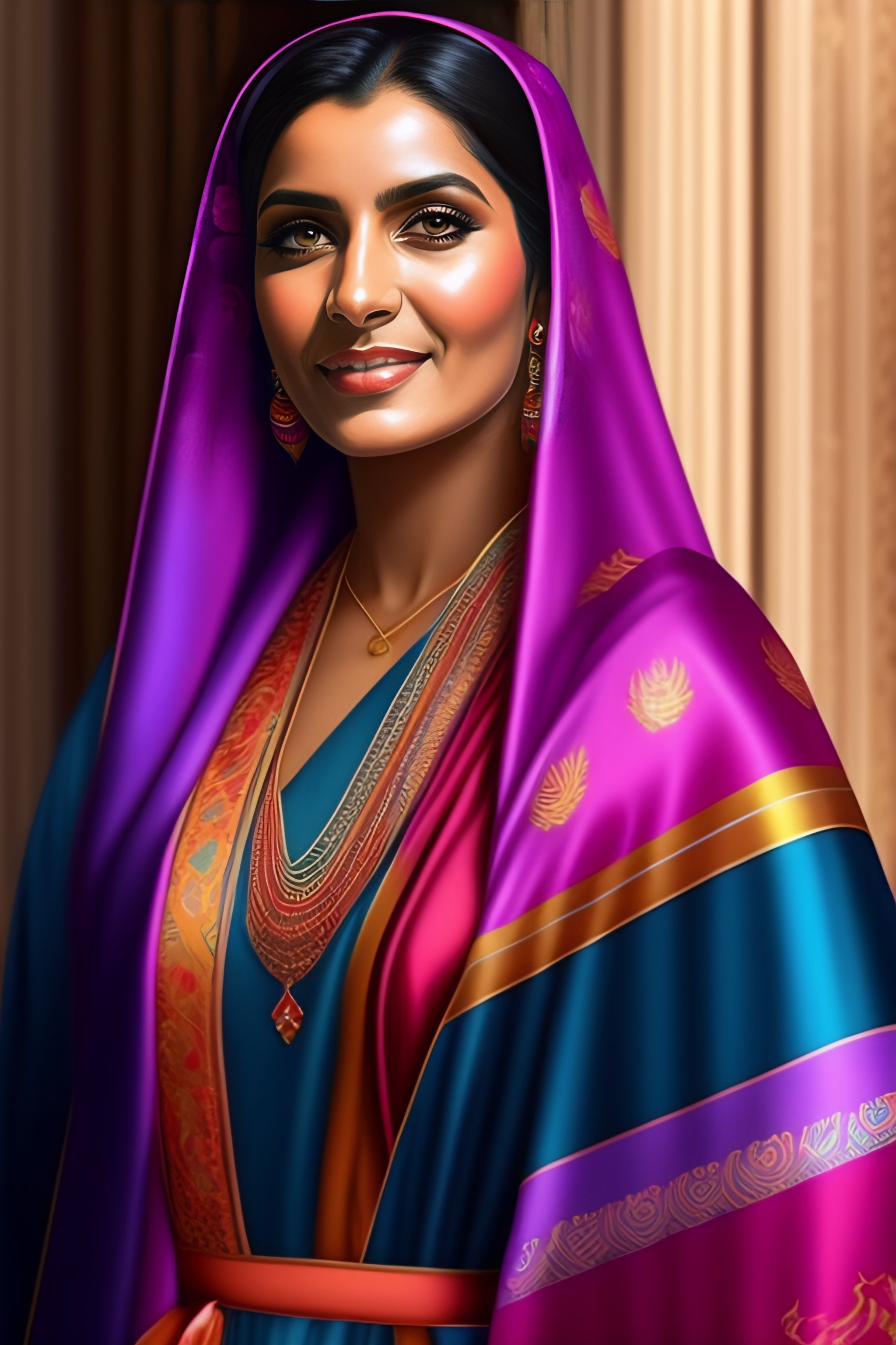 Portrait of Indian woman with arms crossed and words painted