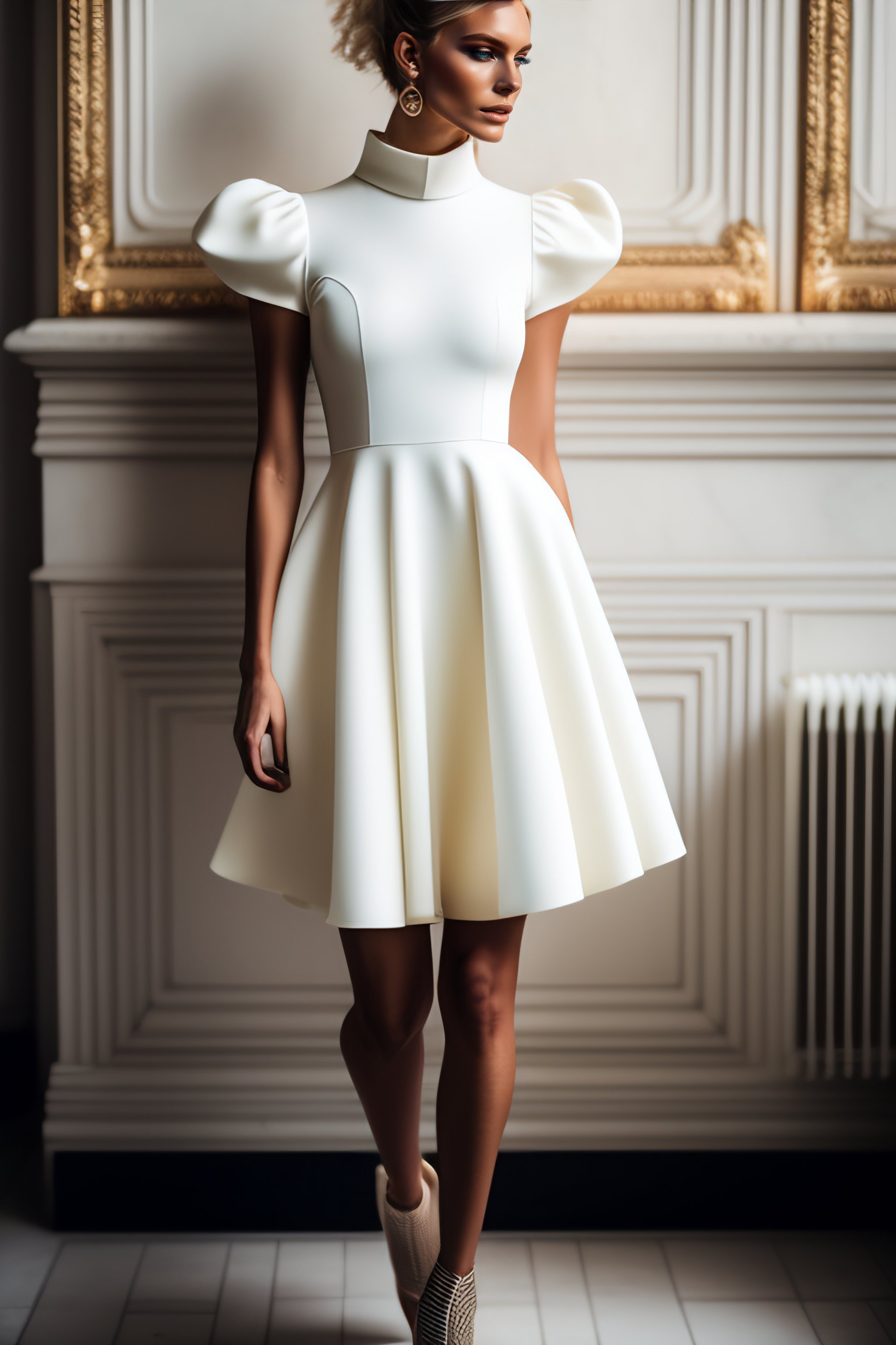 Lexica - Blond fashion model wearing a up the knee short wedding dress ...