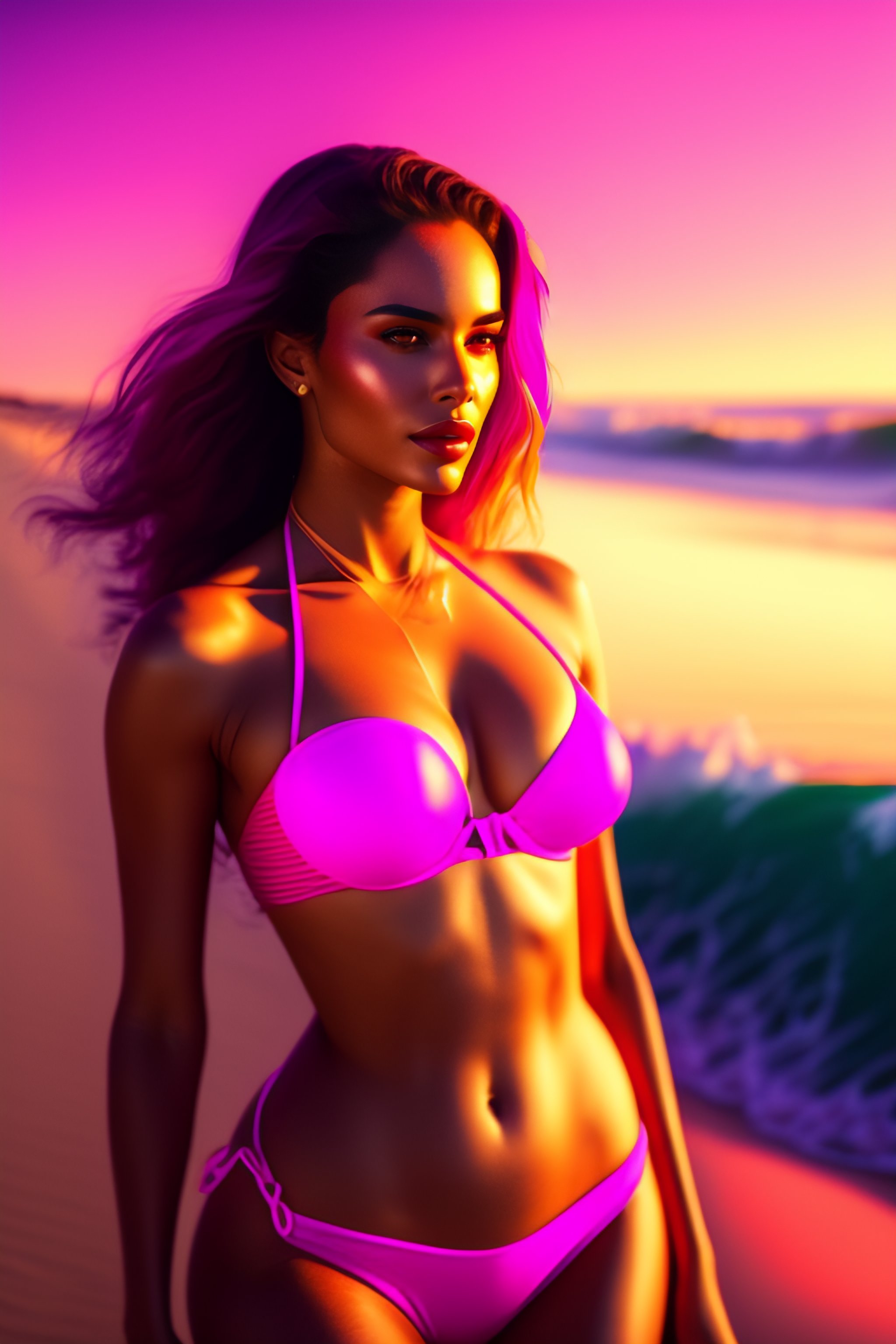 Lexica Dream foto of a very beautiful clementine on the beach in a pink bikini, highly