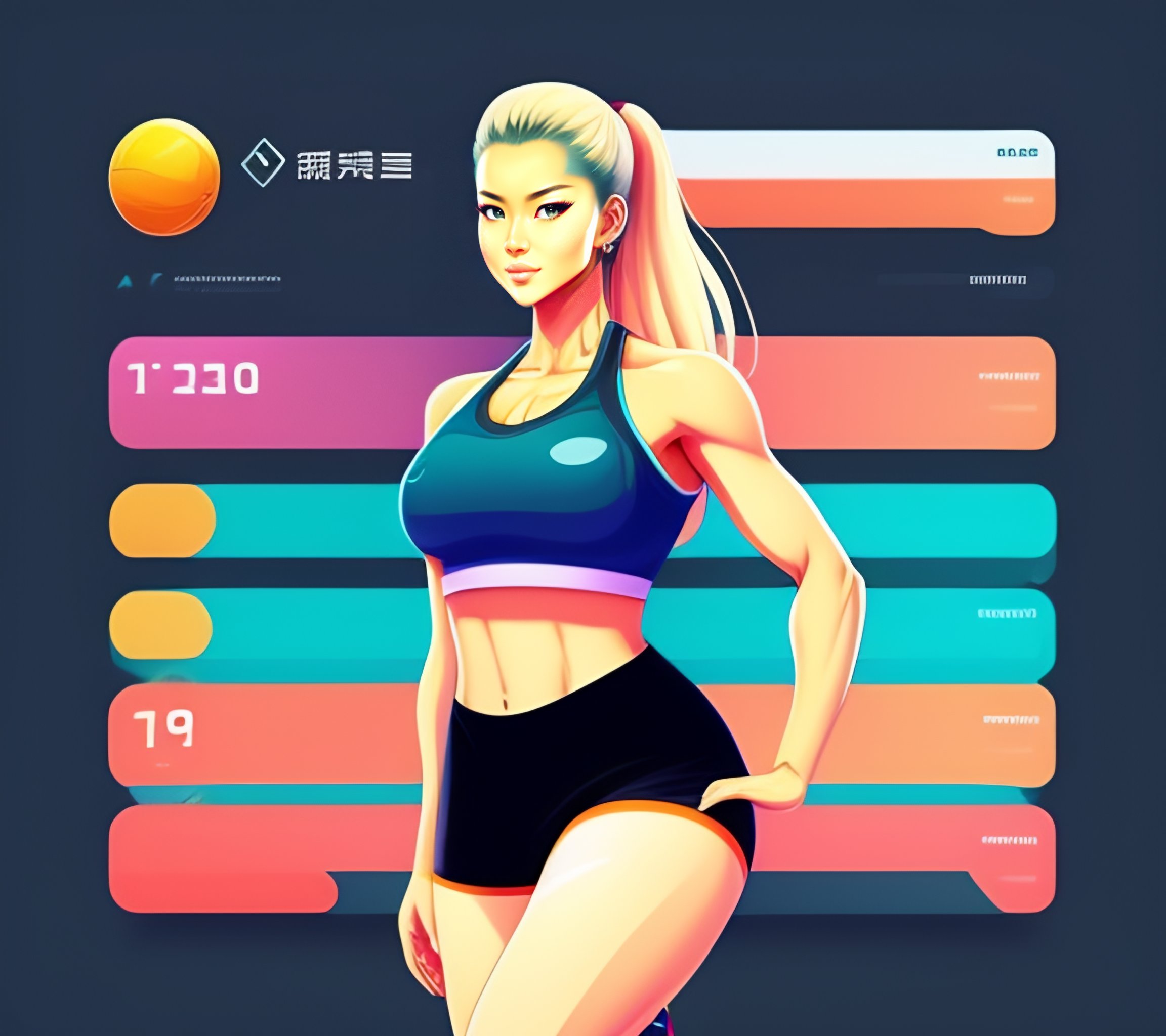 Lexica - A woman in a sports bra top and shorts, featured on dribble,  superflat, dynamic pose, behance hd, flat shading, blond, app icon