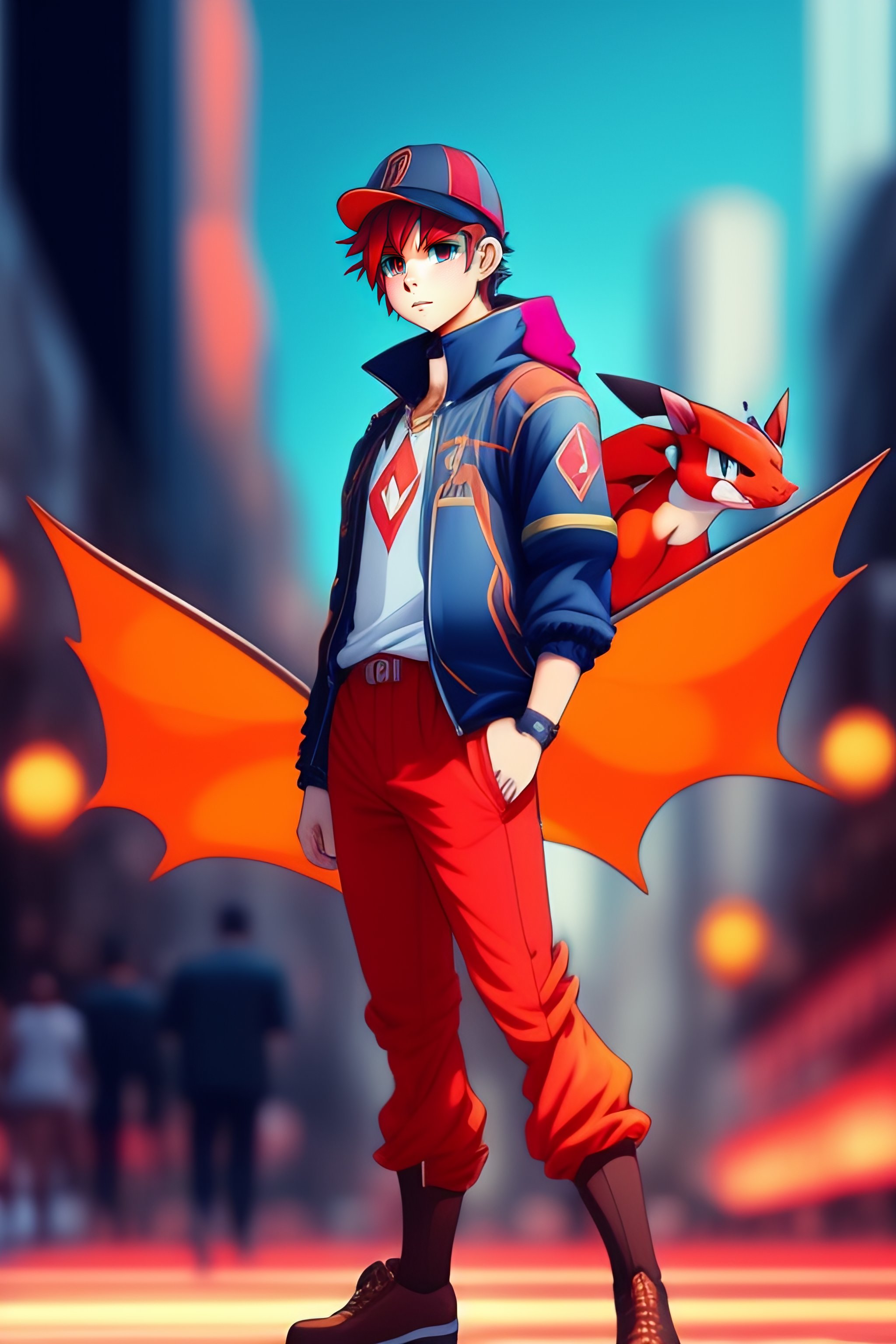 Lexica - A picture of a full body male pokemon trainer in red with a flying  charizard in a neo punk city, color full, highly detailed