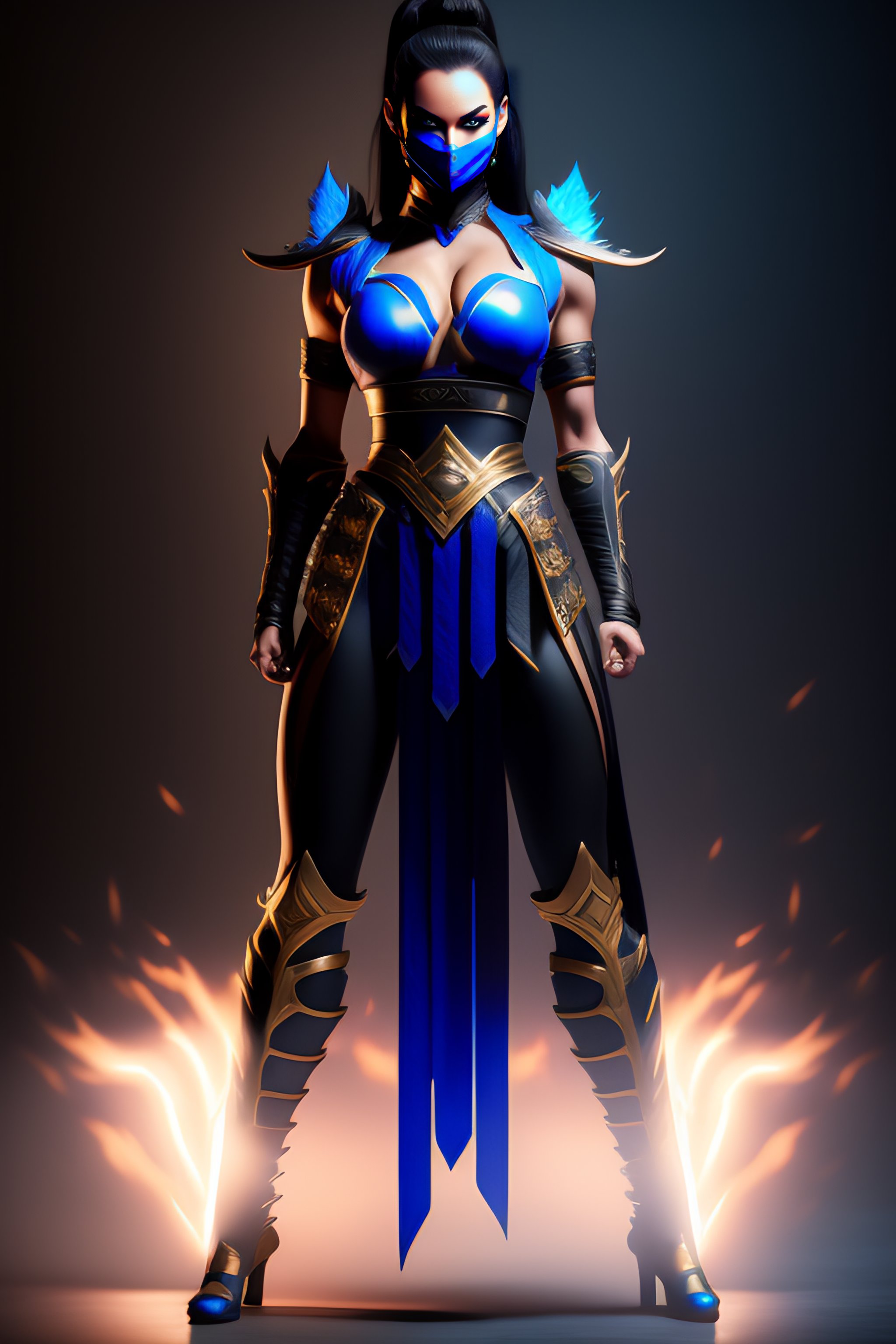 Lexica Full Body Mortal Kombat 11 Kitana With Dark Face Glowing Eyes Dark Blue Skintight 0513