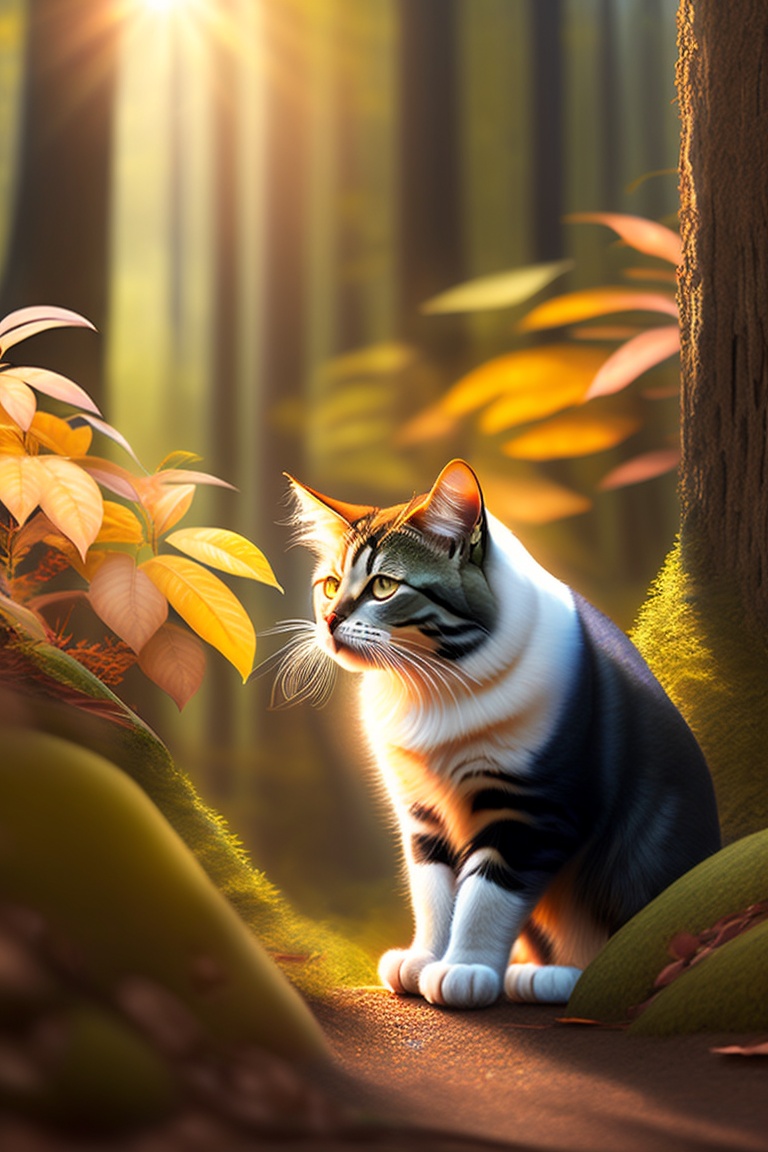 Lexica - An image of a brave and curious cat exploring a lush forest ...