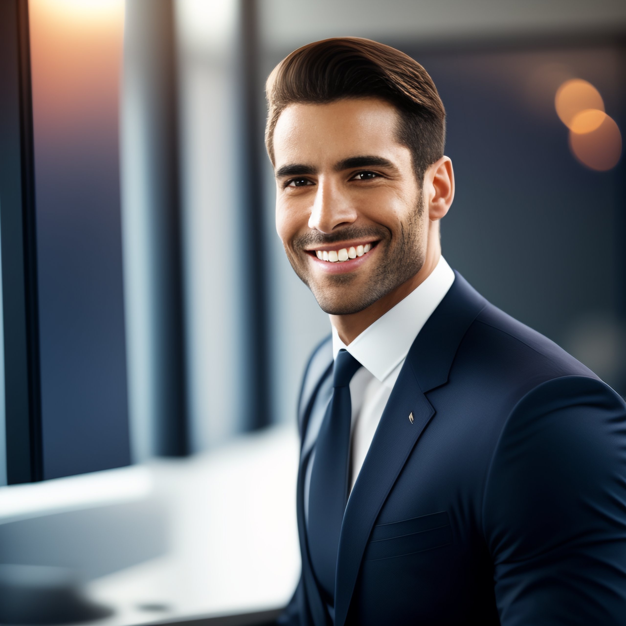 Lexica Profile photo of a corporate handsome man , office background