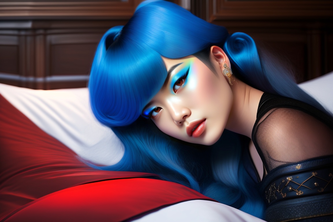 Lexica - Beautiful pale japanese girl lying down on a bed in a upper-class  greek house, black lips, blue hair, black horns, black formal dress, greg  ...