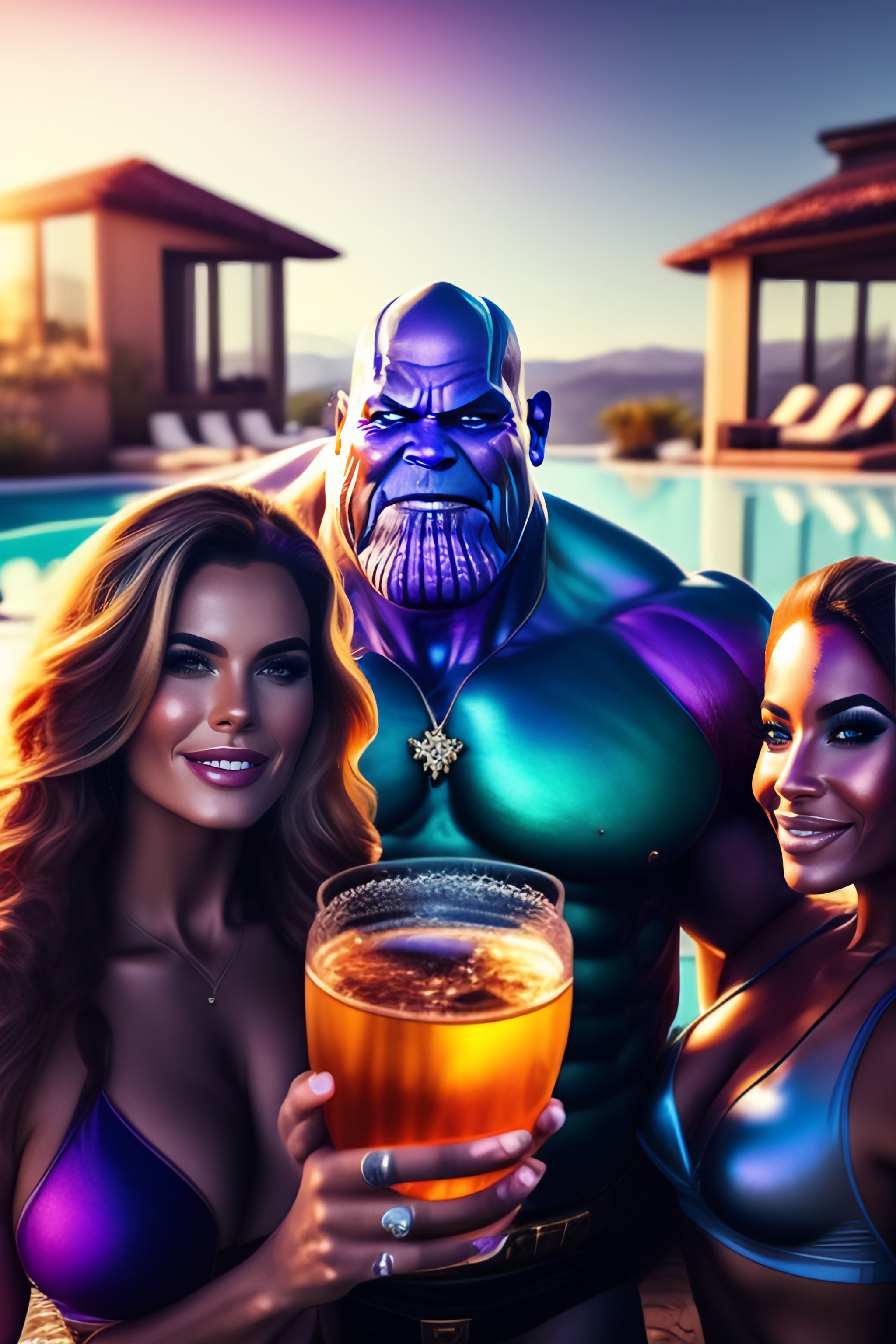 Lexica - Thanos with girls drunk at a pool party drinking whiskey, add ...
