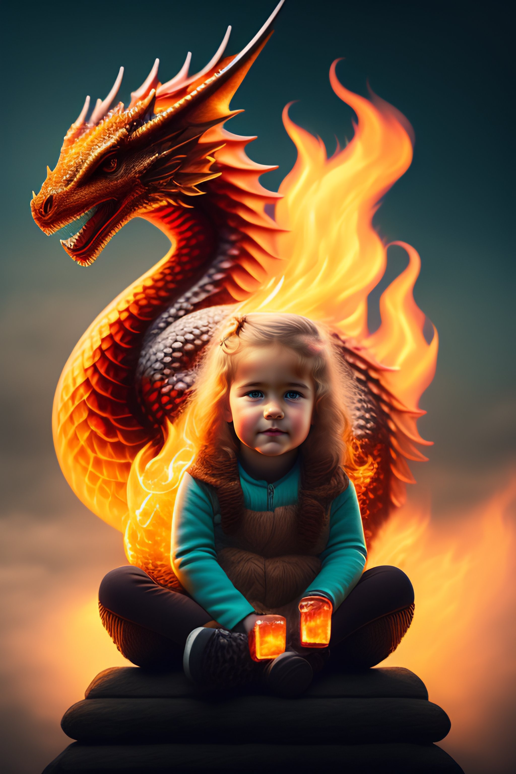 Lexica - Little girl sitting on a dragon with flames