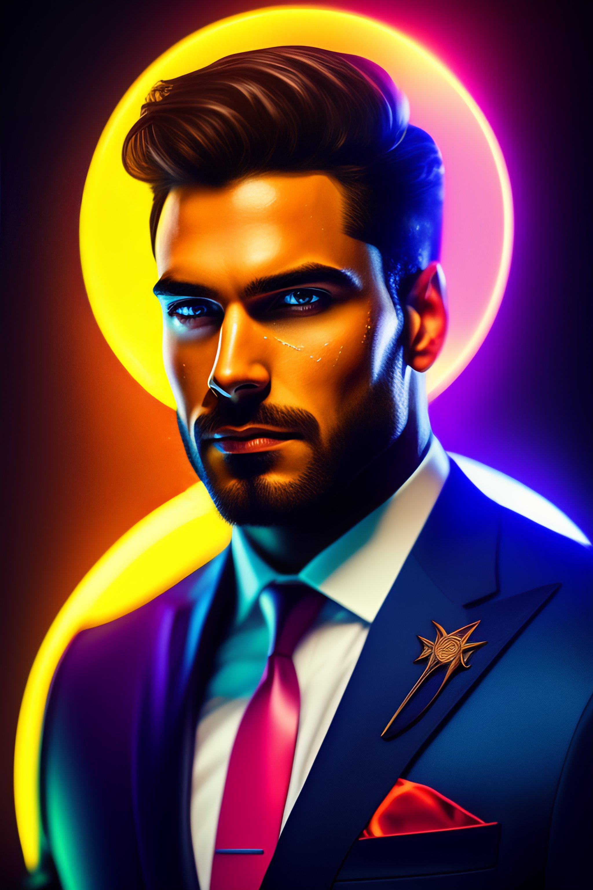Lexica Man in fancy suit, with laser eyes, animated illustration