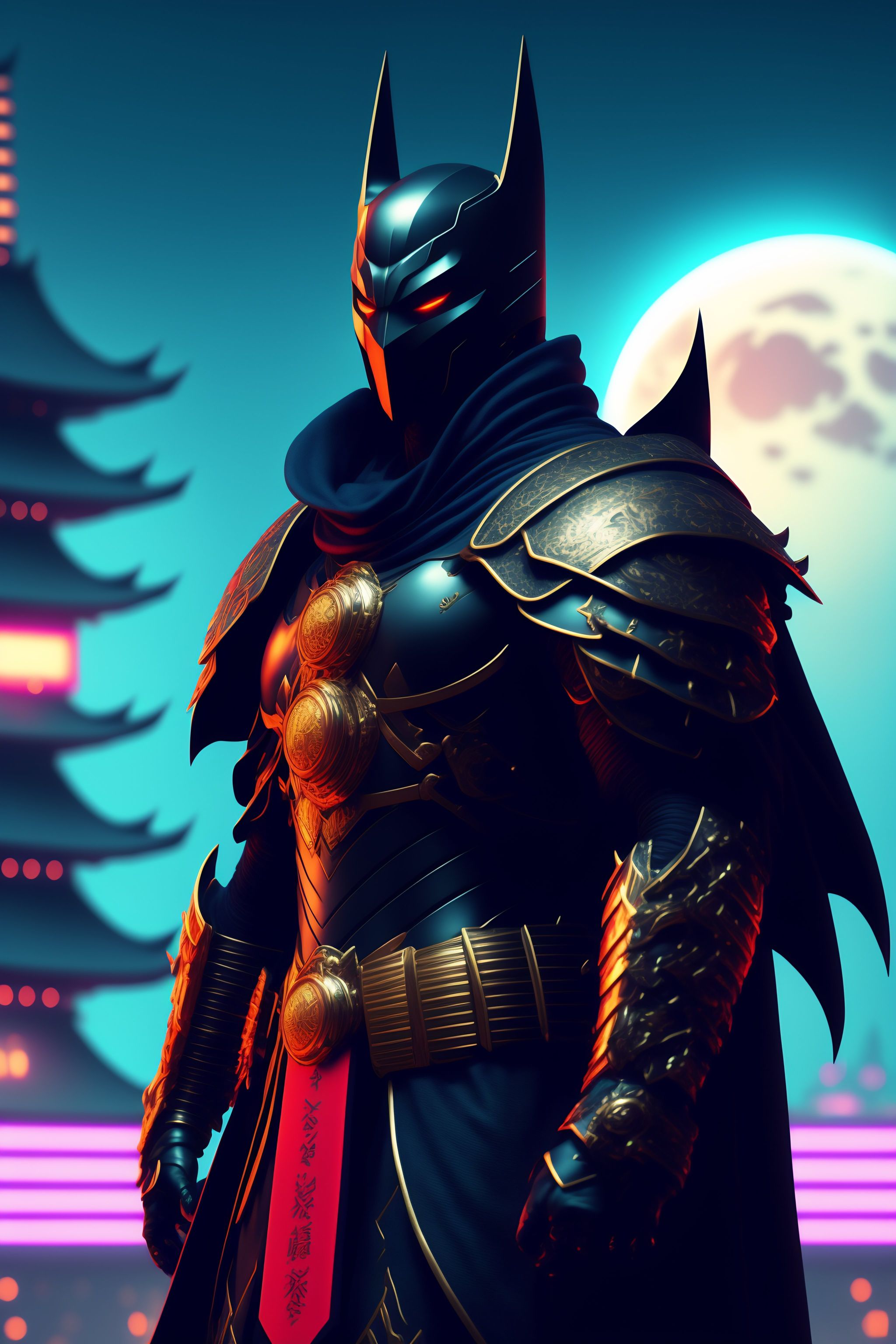Lexica - Samurai batman cyborg, cyberpunk, tokio, big moon, highly  detailed, digital art, concept art, japanese, unreal engine, 4k
