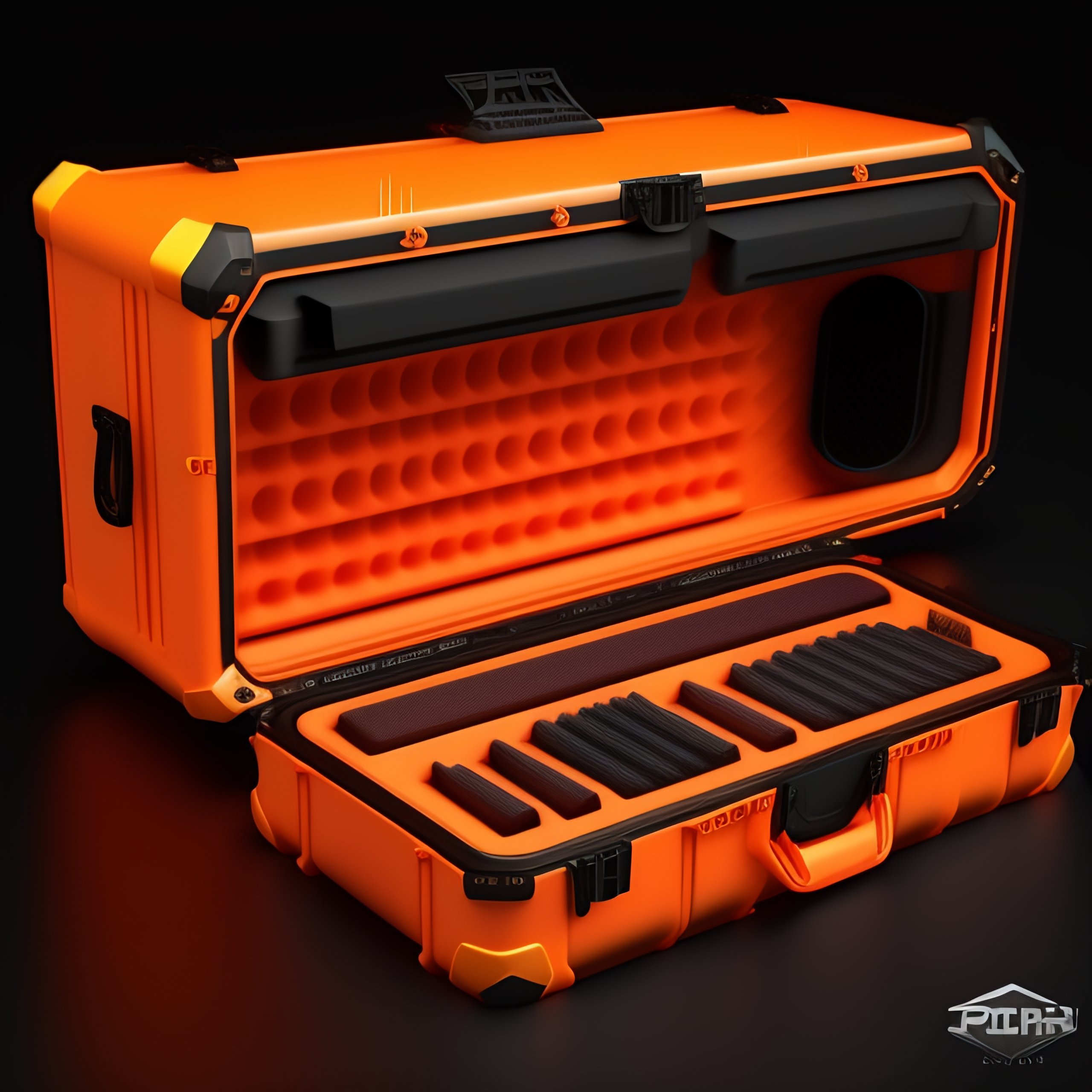 Lexica - CS-GO deluxe box case for skin collection, hollographic orange  details color, Knolling layout, Highly detailed, Depth, Lumen render, 8k