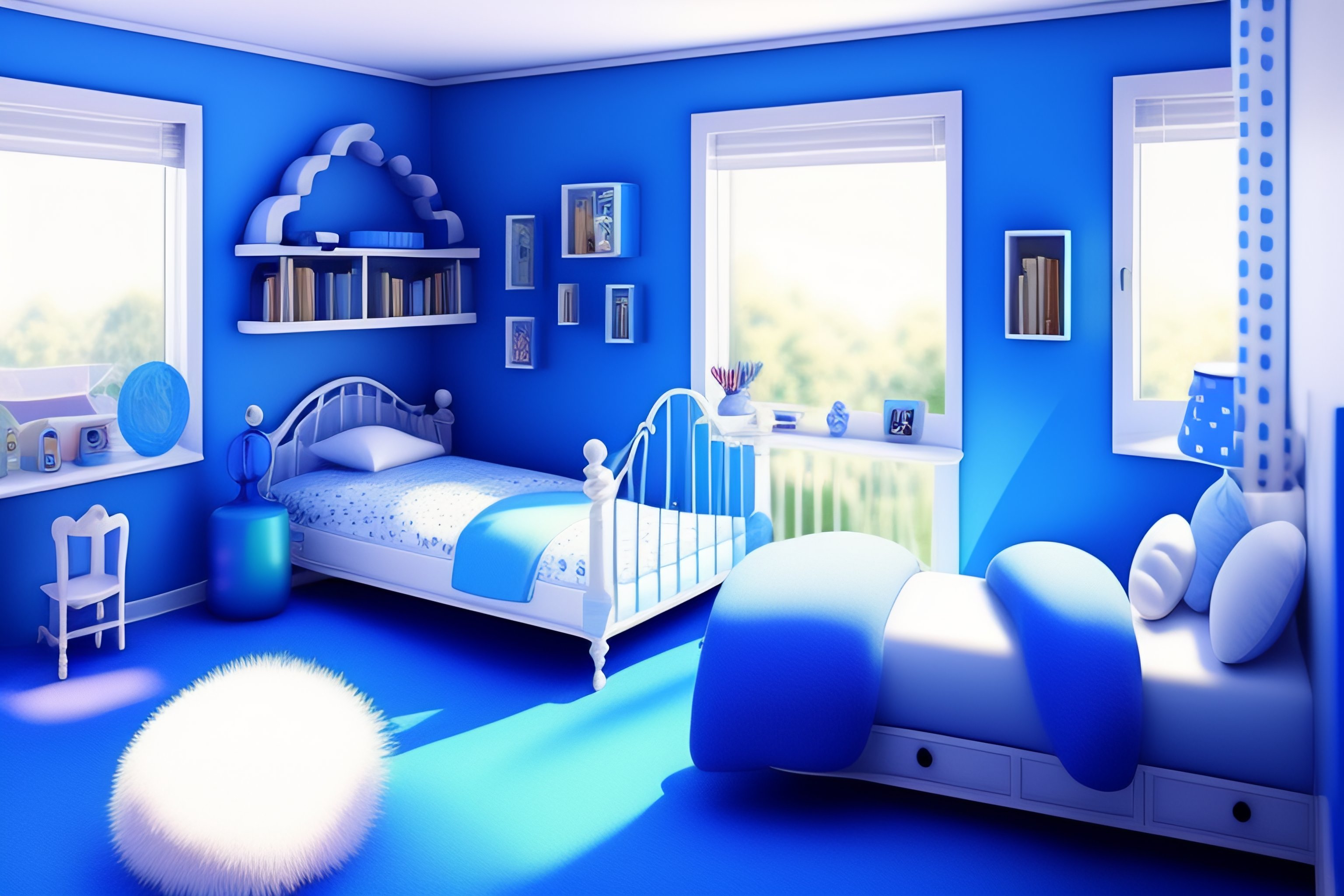 Lexica - Cute Drawing 2D side-on doll house room of a blue large