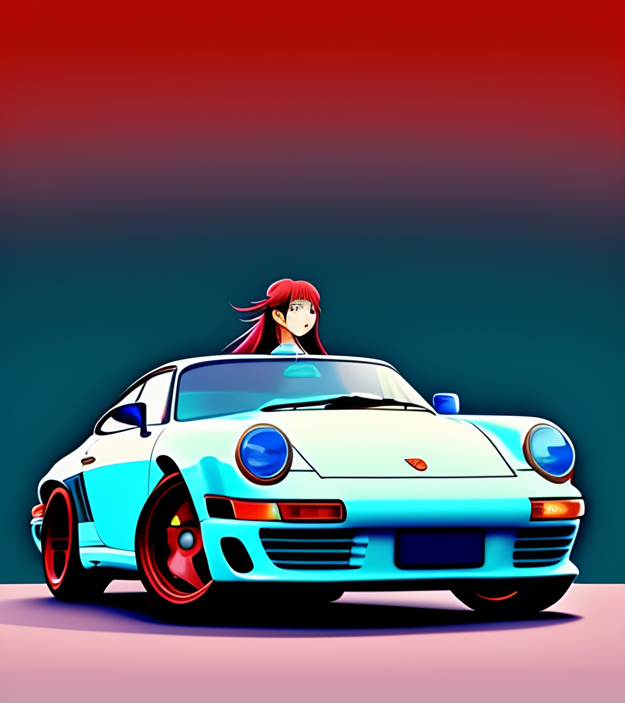 Lexica - A light blue porsche with a girl in a red vest sitting on the ...