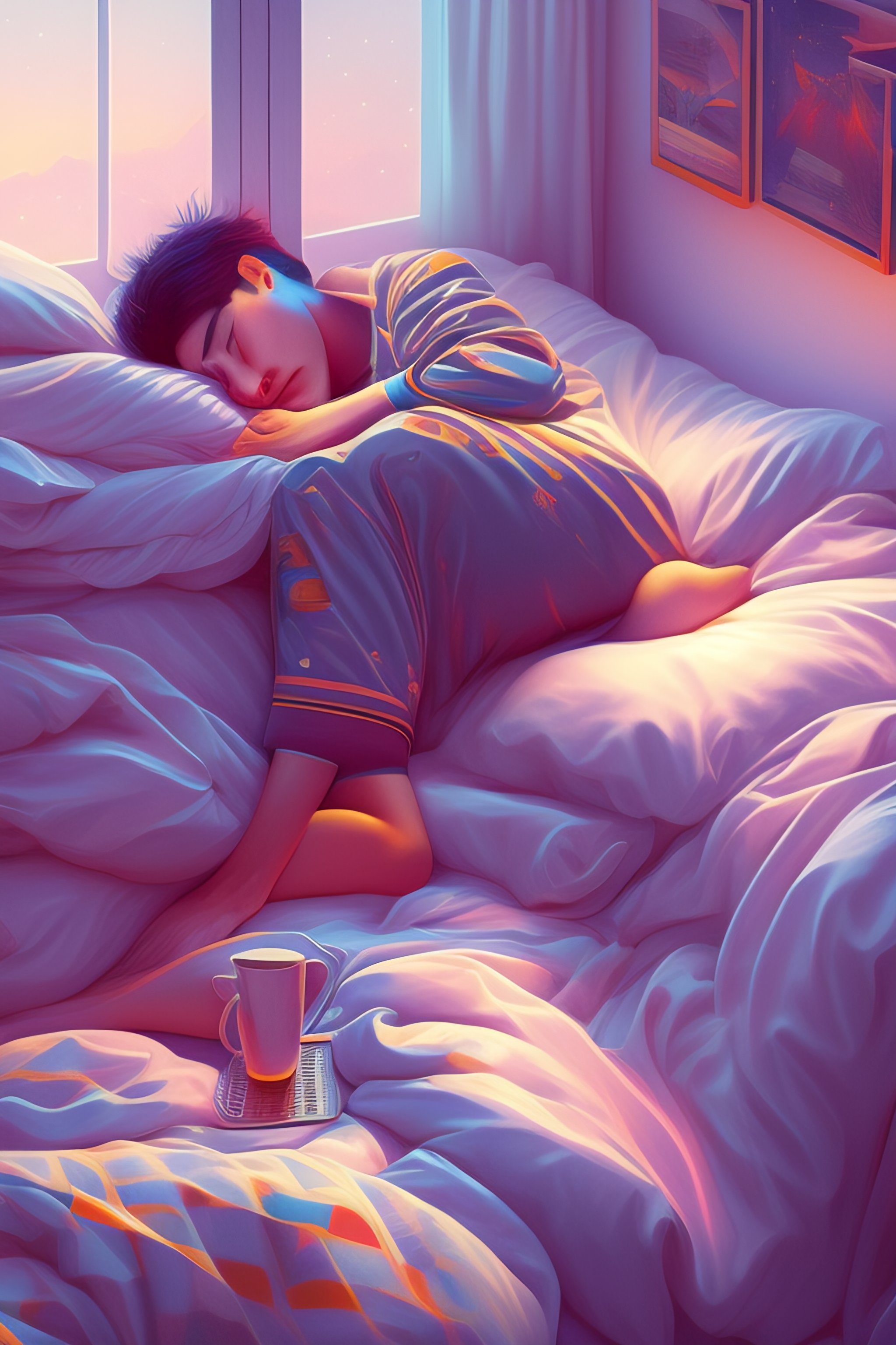 Lexica - Men starting at computer really tired in pyjamas, messy unmade bed  behind her, digital art, drawing, artstation, image size:2048x3072