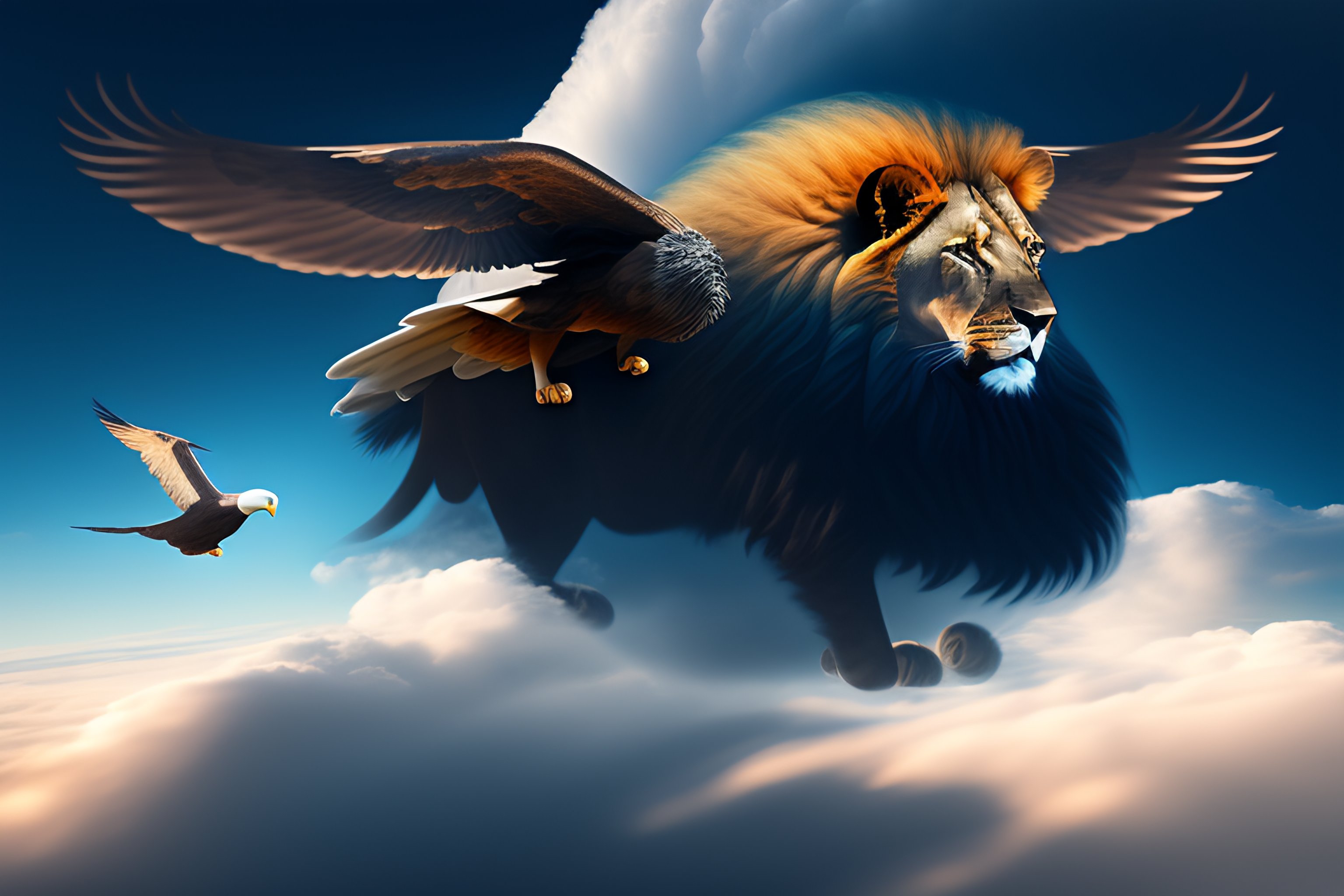 Lexica - A lion flying in the sky with an eagle, 8k