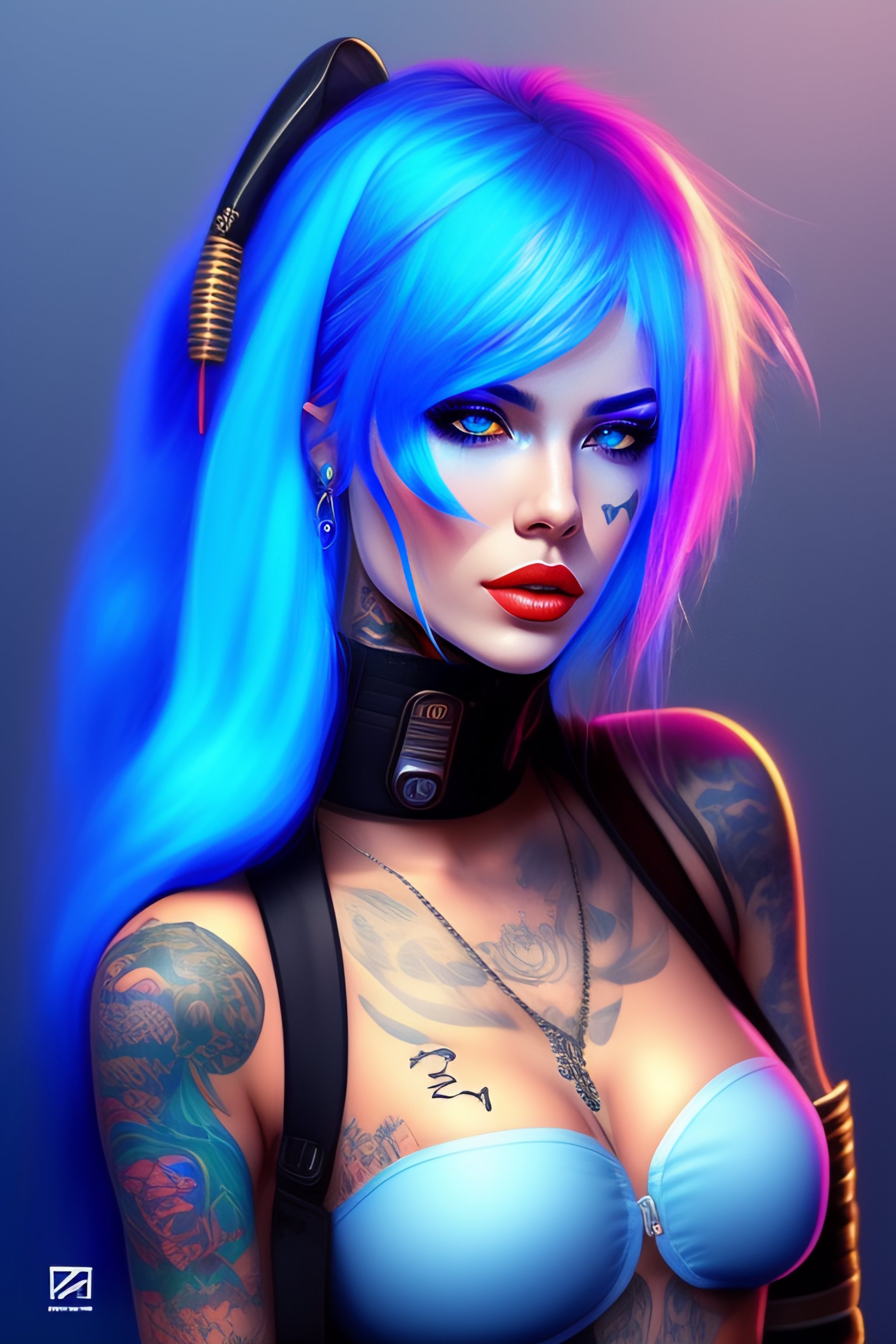 Lexica   Blue Hair Cyberpunk Girl With Tattoos Illustration Style