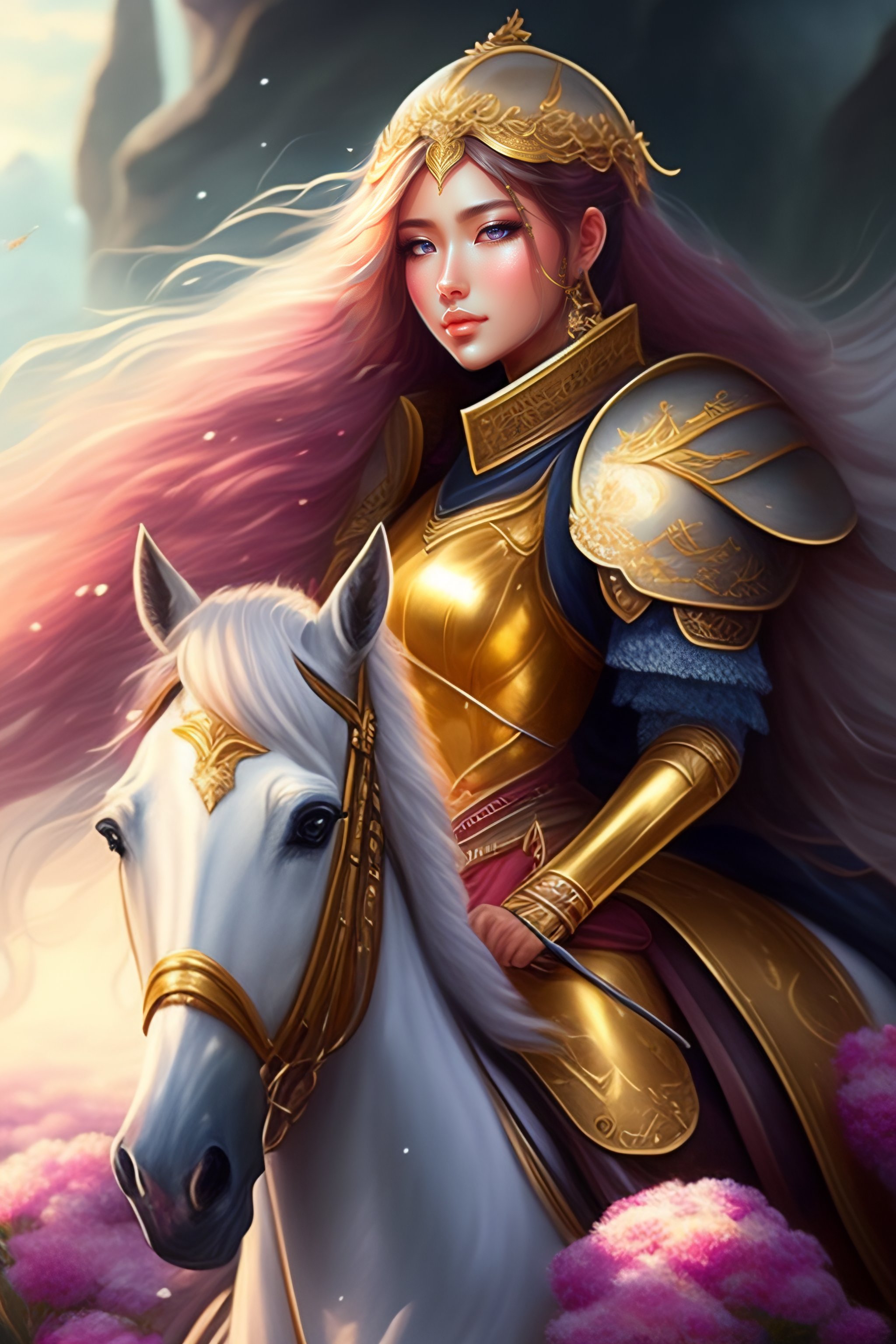 Lexica - Cute girl ride horse, gold armor, incredibly detailed, a lot ...