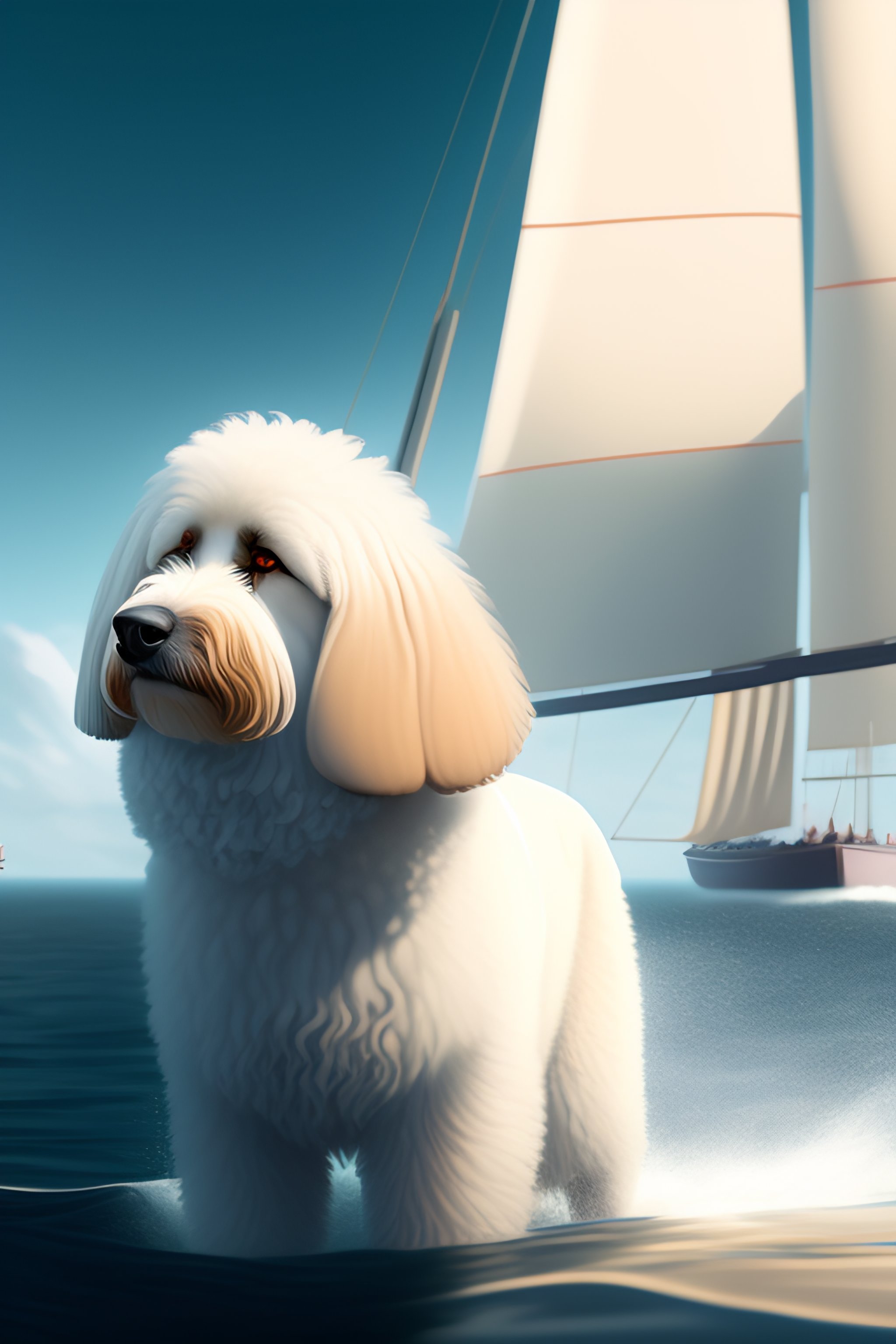 Lexica A cream colored Old English Sheepdog dog, sailing on an