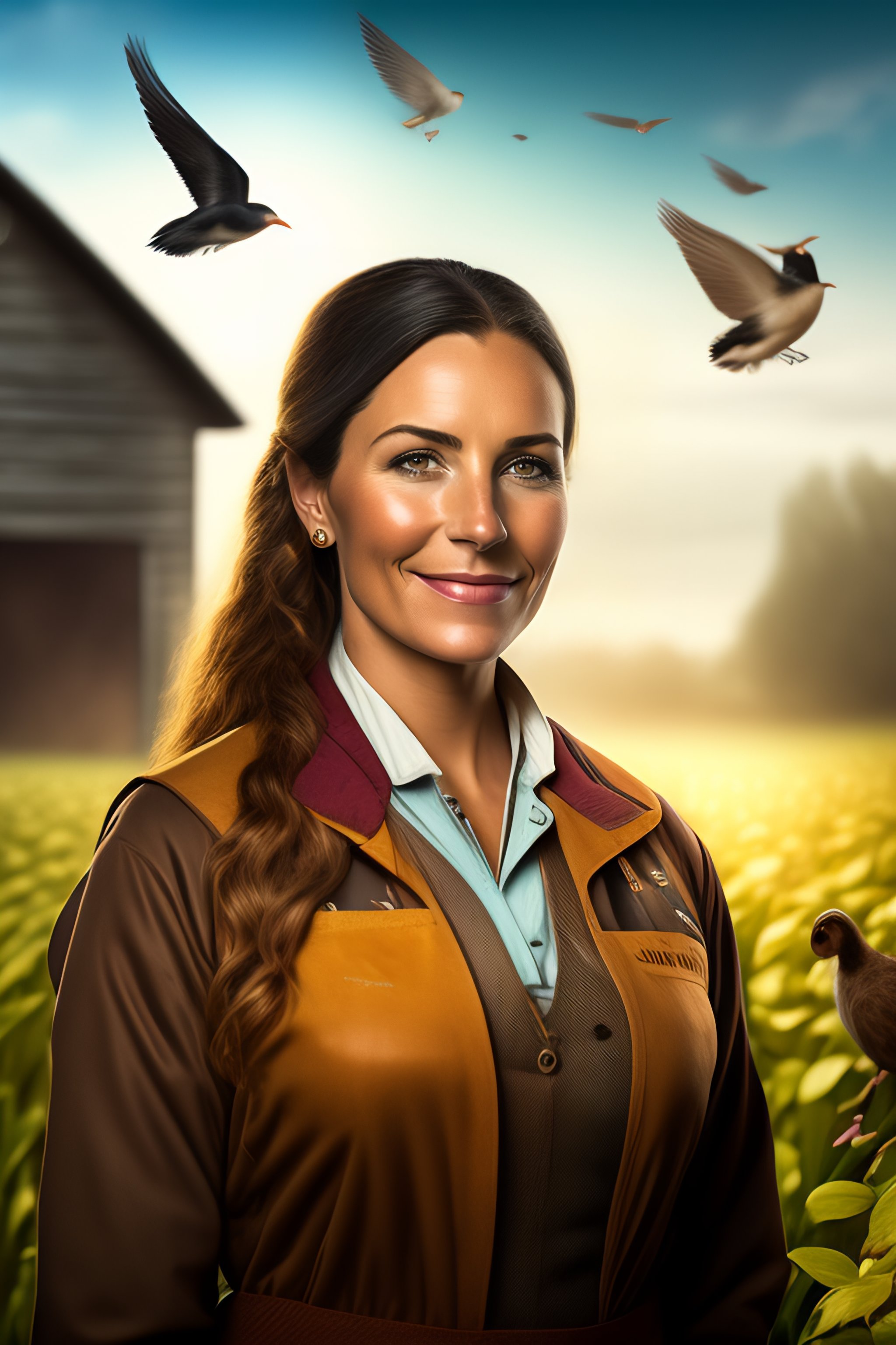 Lexica - Portrait of a women working in a farm with a few birds flying