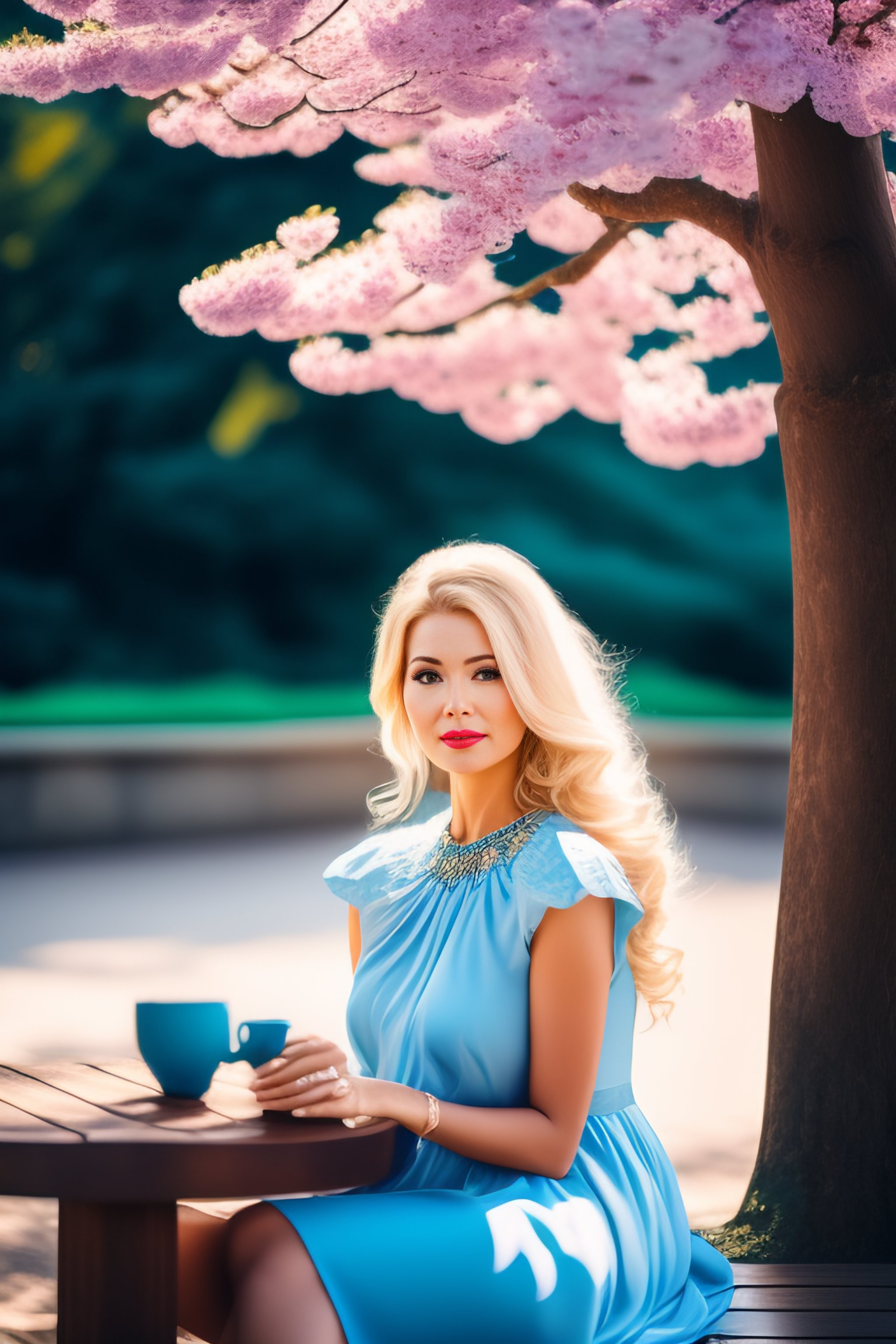 Lexica - Picture of a blonde woman in a blue dress sitting next to a ...