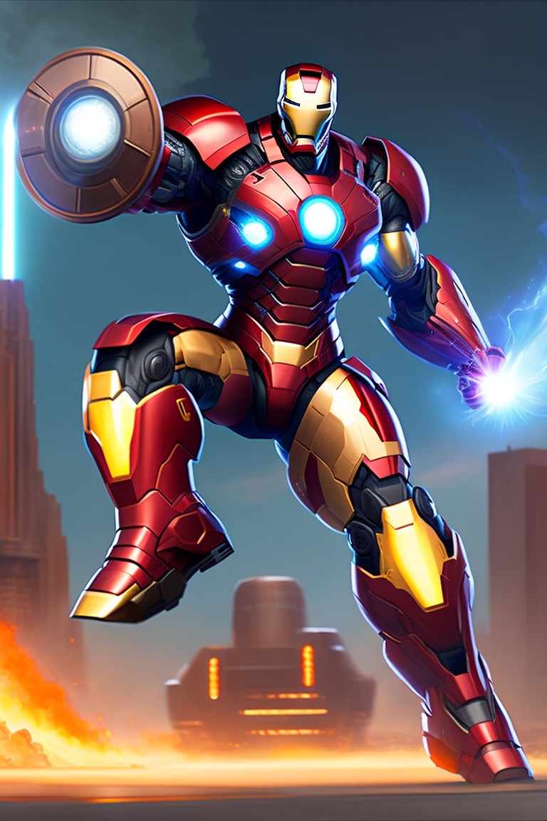 Lexica - Depict Iron Man in a dynamic pose, holding a powerful bazooka ...