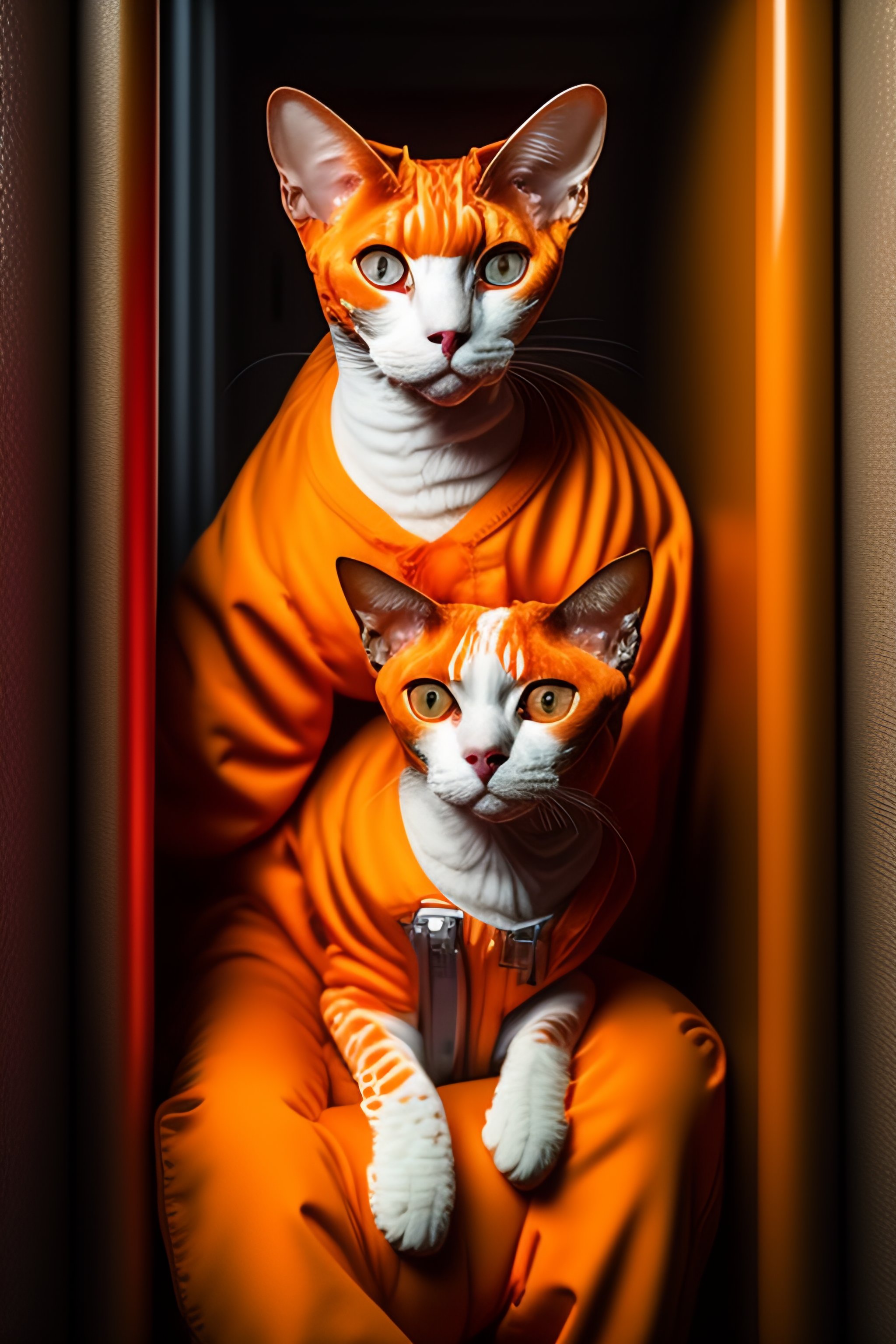 Lexica - A humanoid devon rex cat wearing inmate orange jumpsuit outfit ...