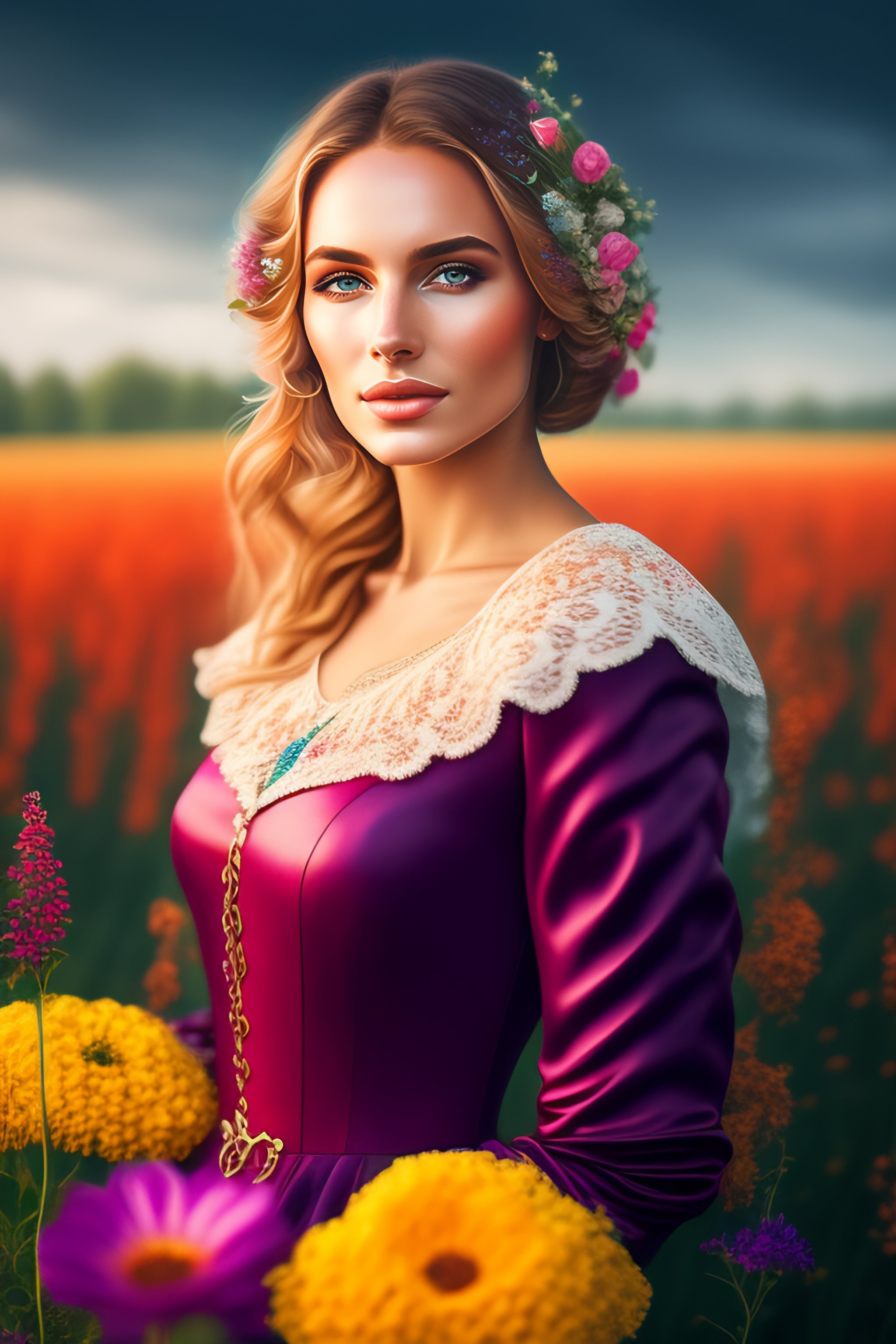 Lexica Portrait Of An Russian Beautiful Woman In A Field Of Flowers Extremely Detailed