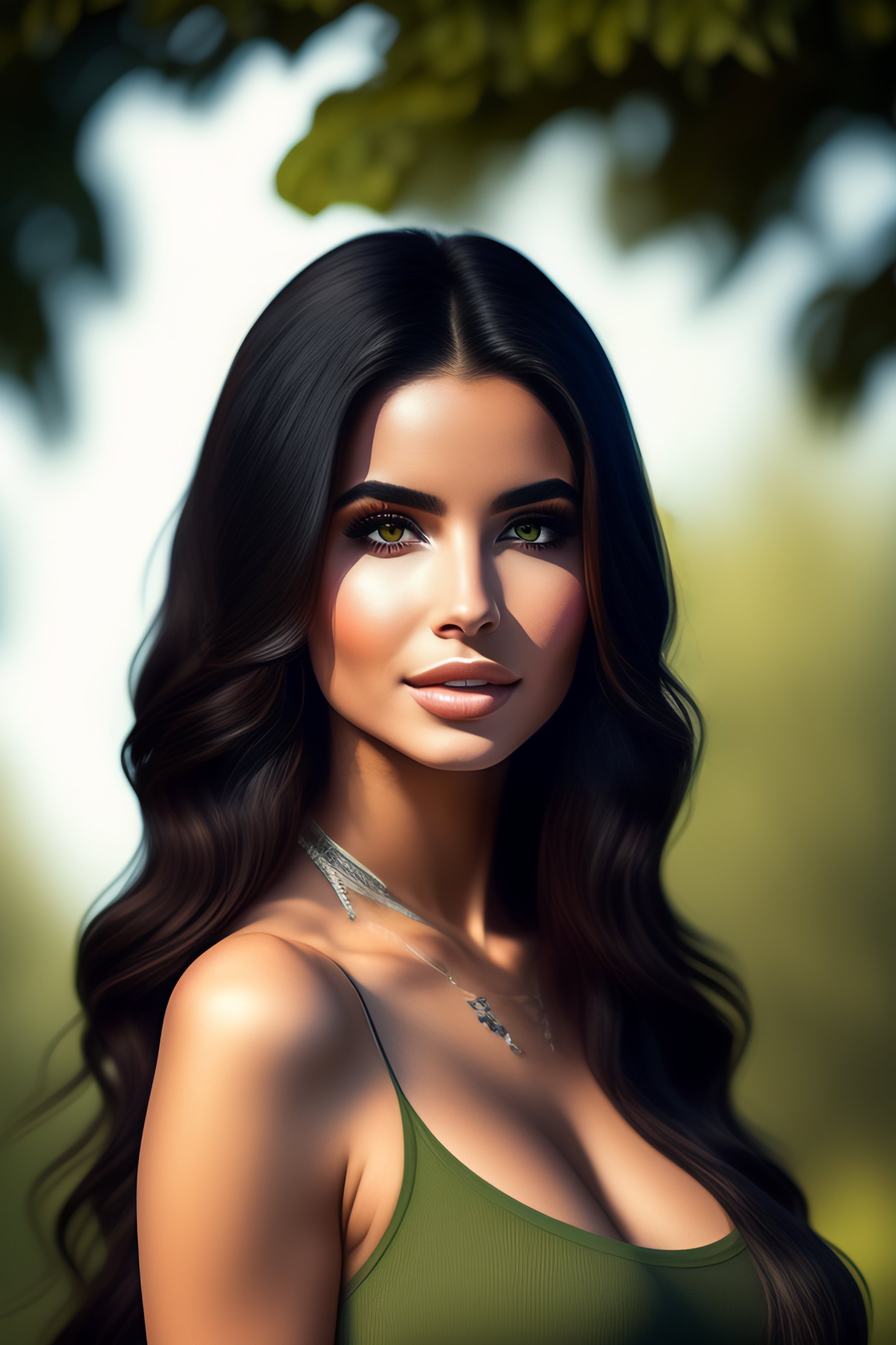 Lexica - Full body length studio photos of Demi Rose with black hair and  green eyes, wearing t-shirt and jeans, beautiful face, photorealistic, high