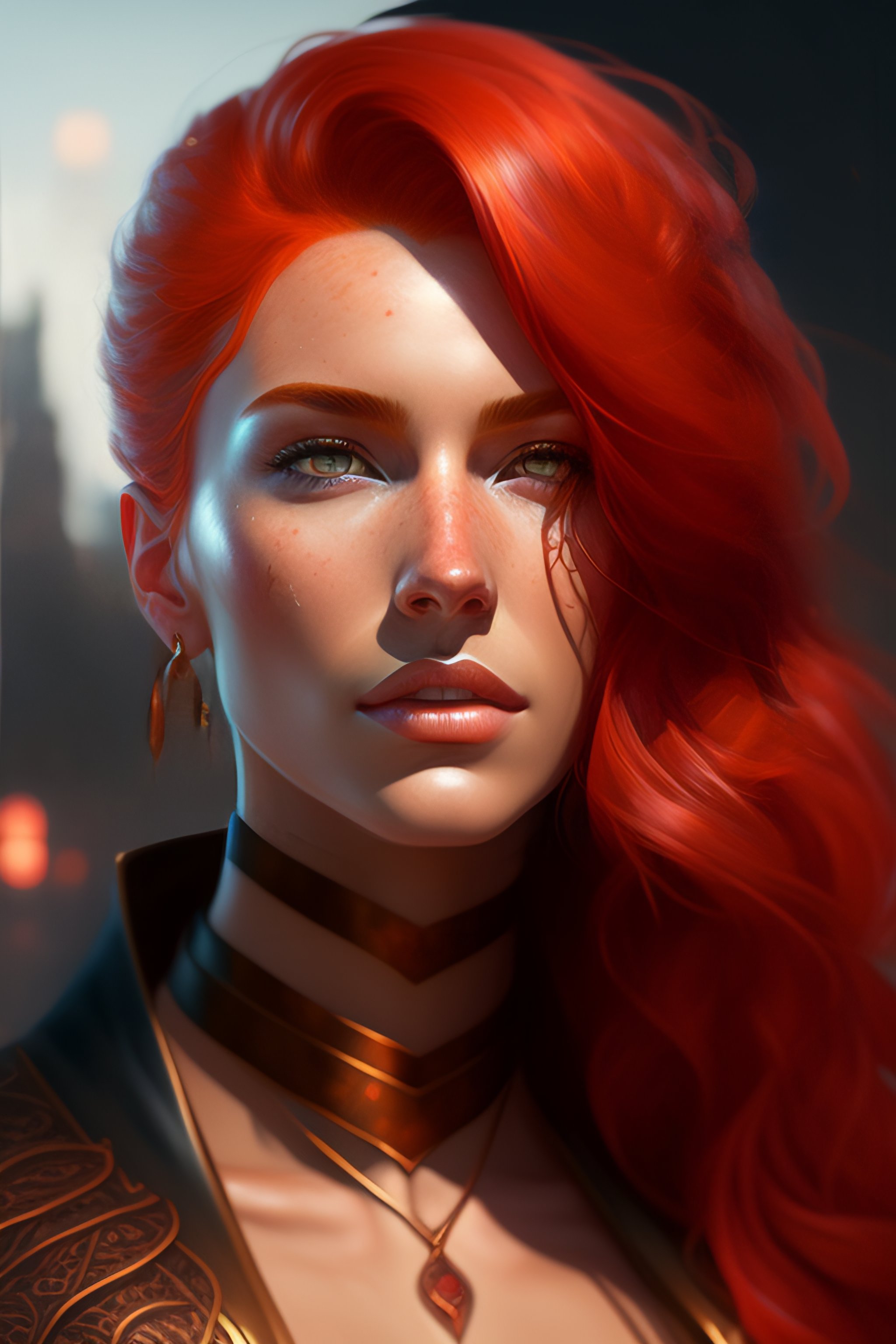Lexica - Portrait of a red hair god, copper wires, visible scars and ...