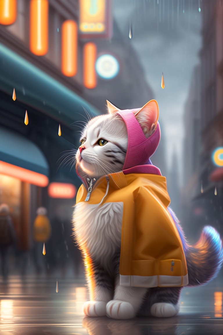 Lexica - Cute cat traveling in the city, with smile, wearing rain ...