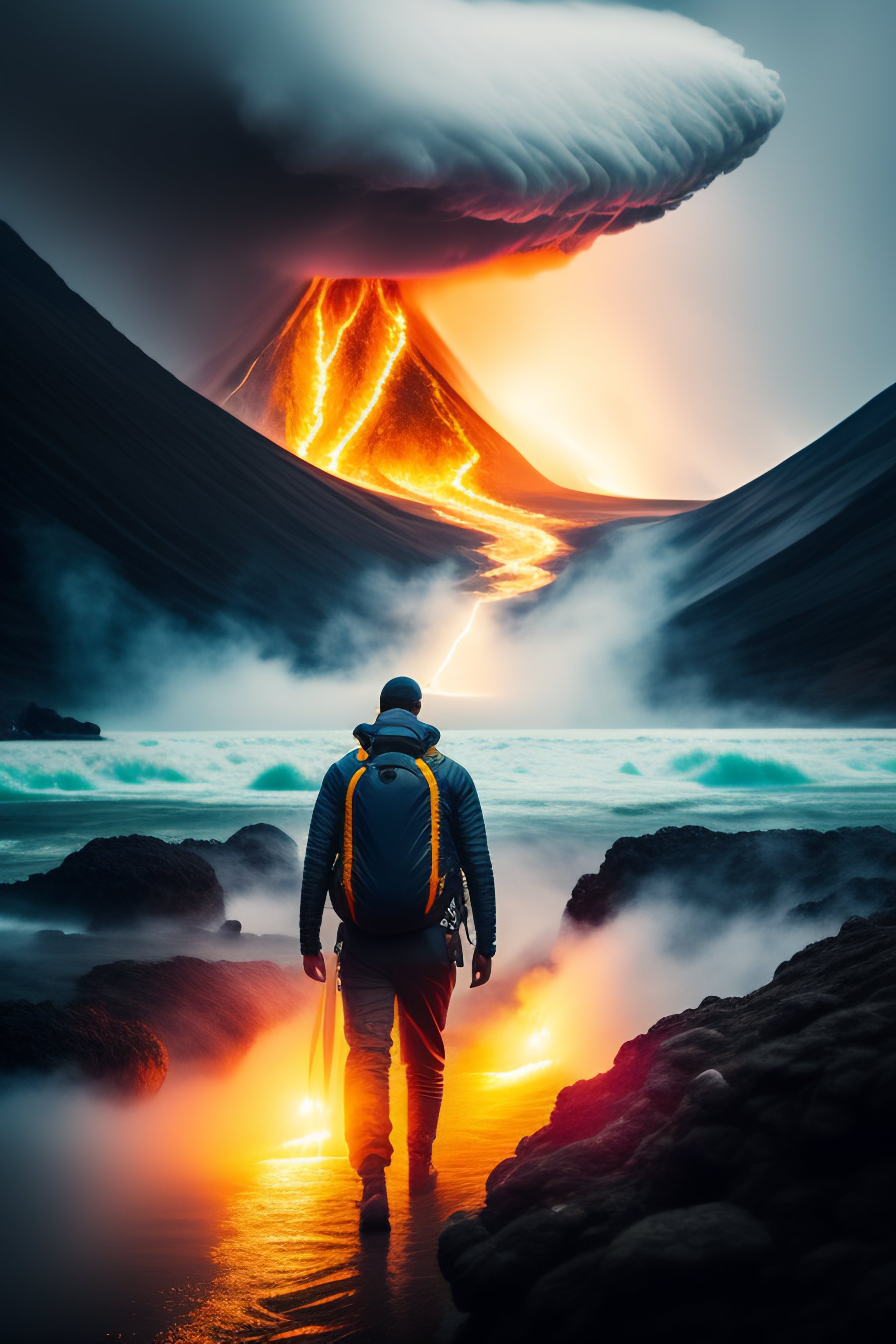 Lexica - Man seen from behind with a backpack ready to cross a river of ...