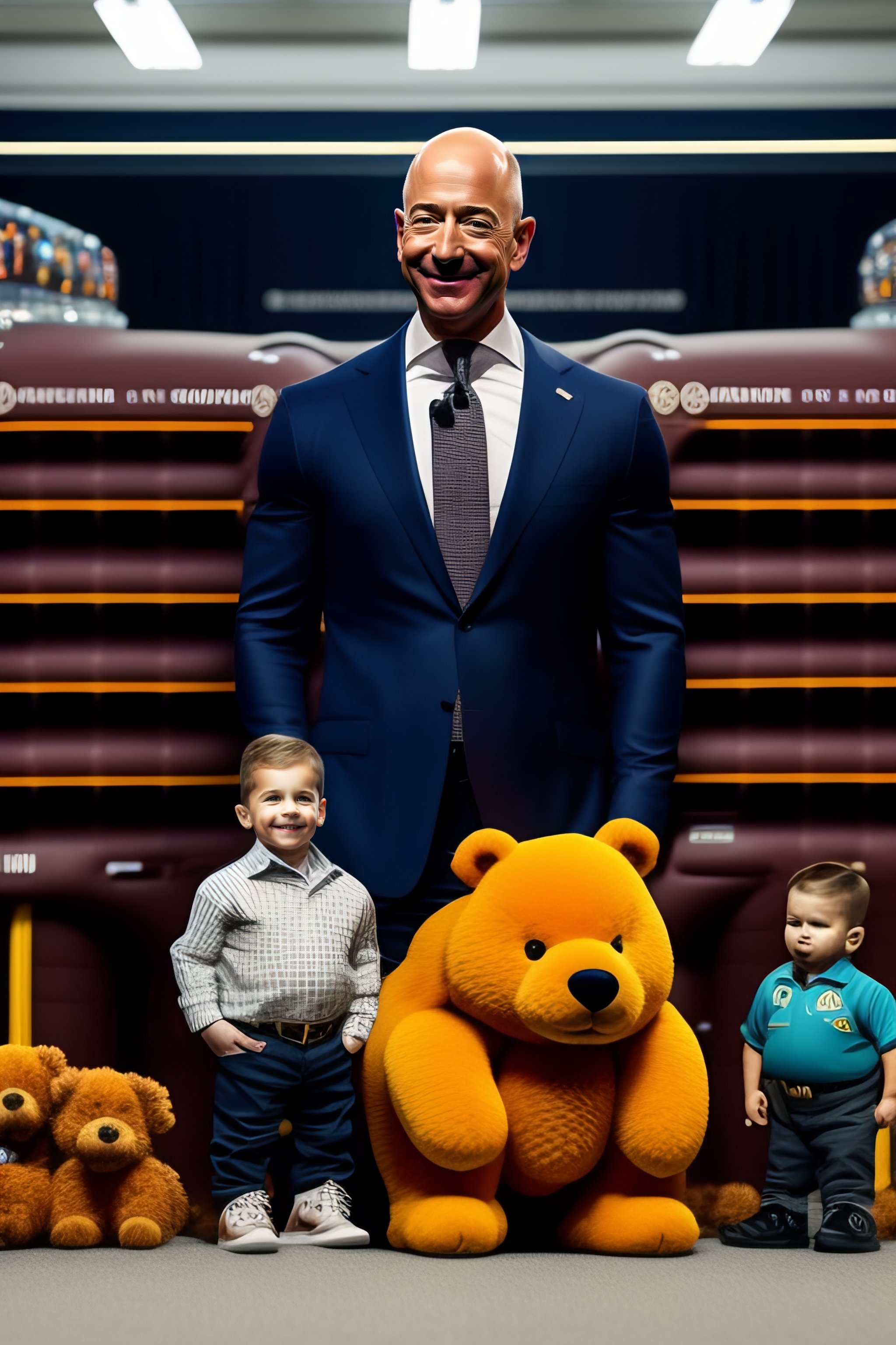 Lexica - Jeff bezos schrunk to dwarf between giant toys. hyperrealistic