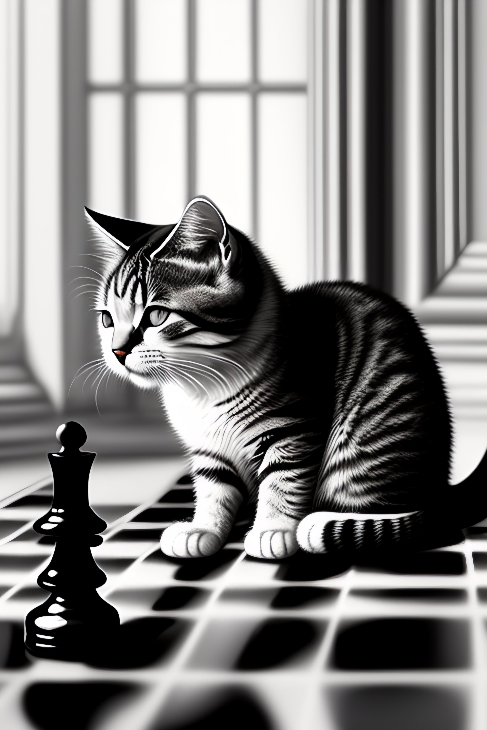 Lexica - Cute cat playing chess, pencil drawing, black and white, simple