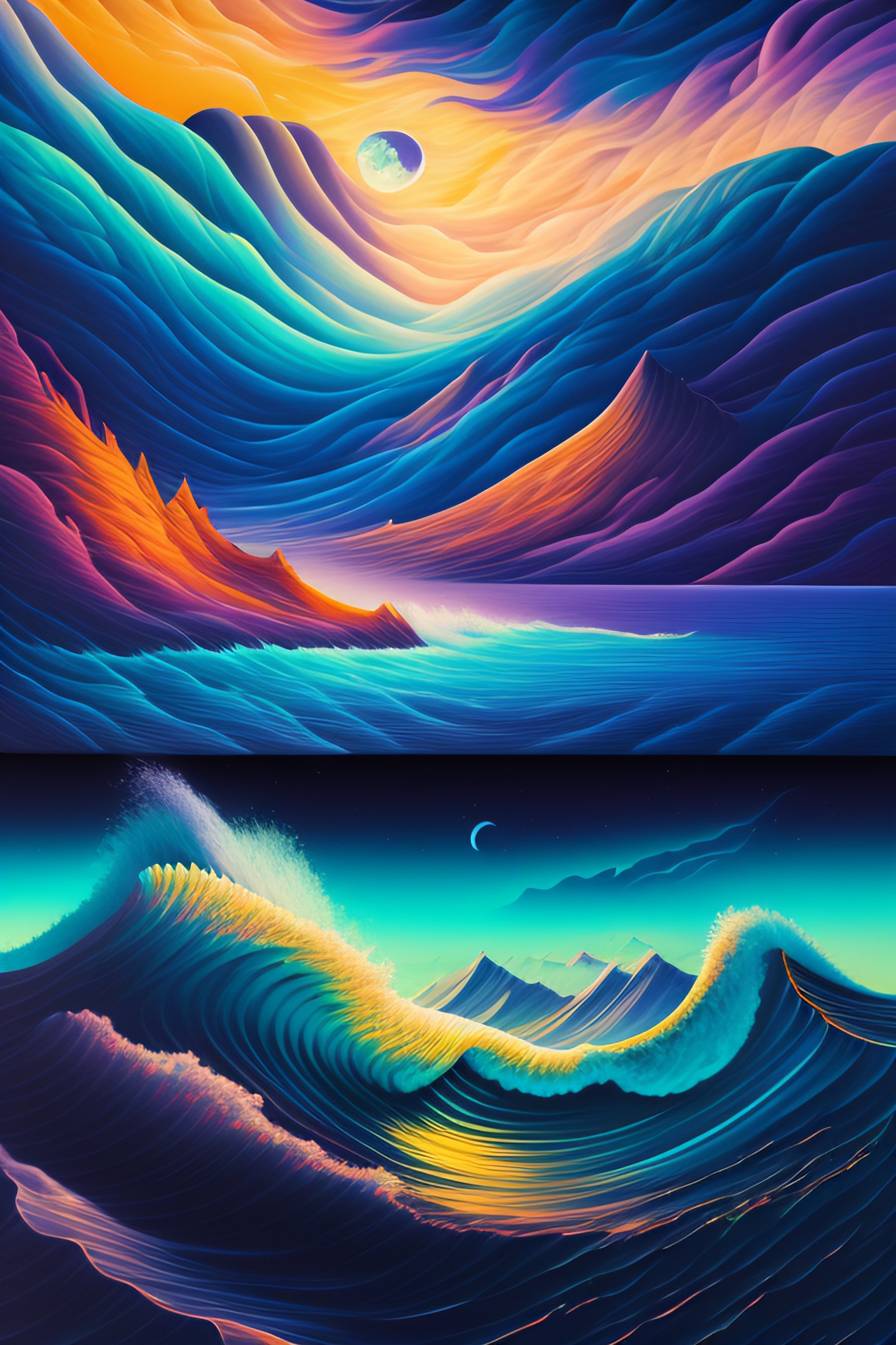 Lexica Mountain, ocean, storms, moon, surreal by dan mumford and