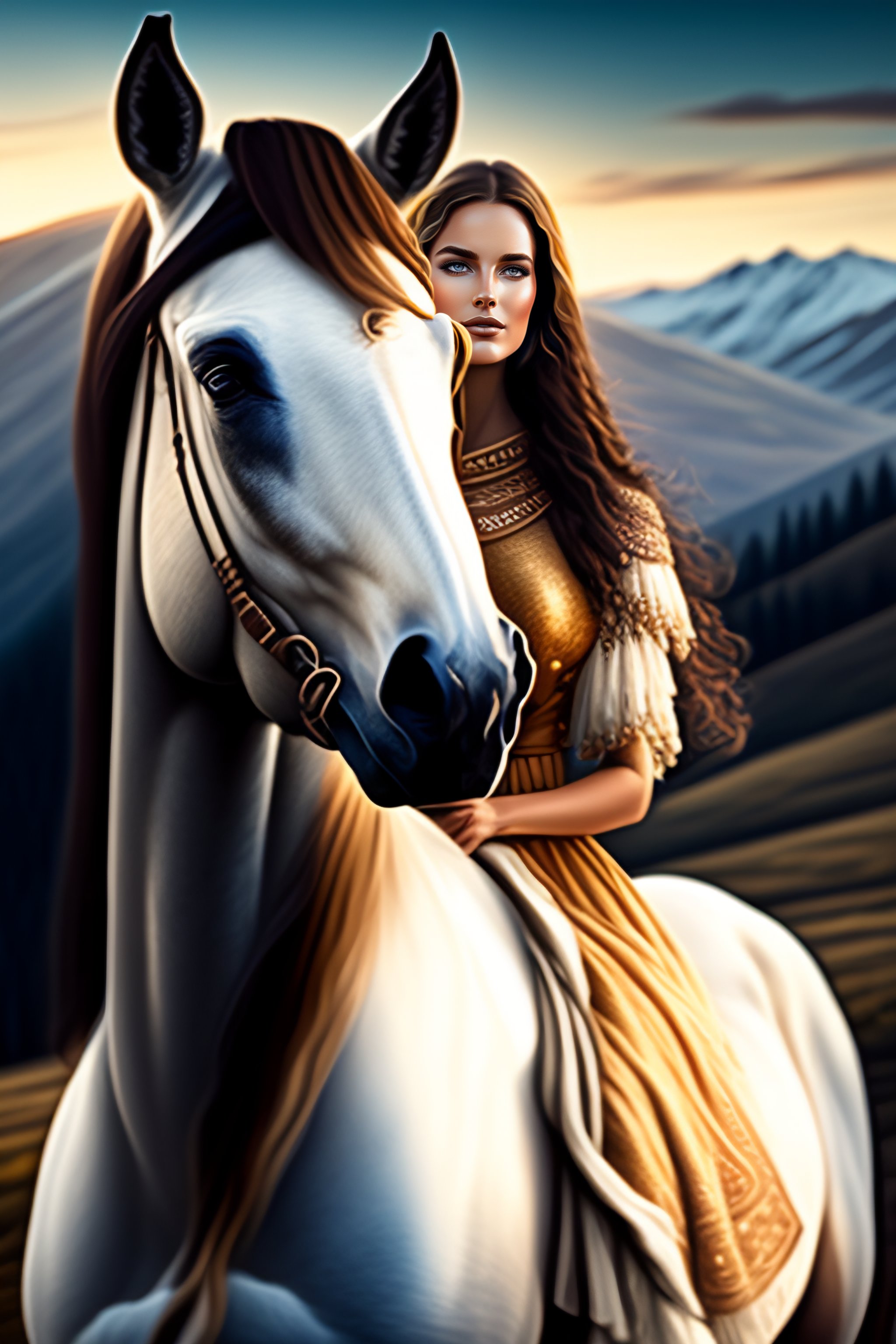 Lexica A Woman Riding A White Horse Brown Hair Cream Colored 