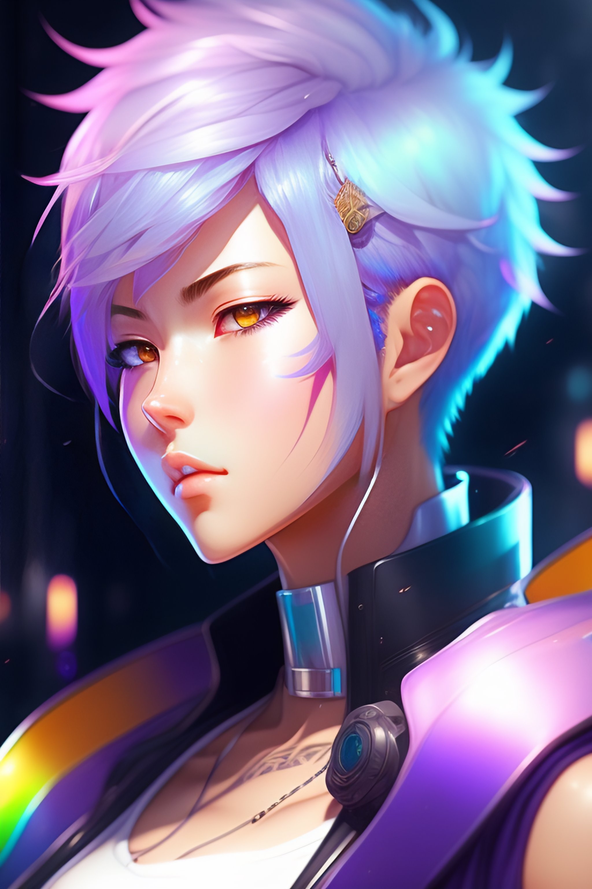 Lexica - Anime cyberpunk woman with Pastel Rainbow white blue short ...