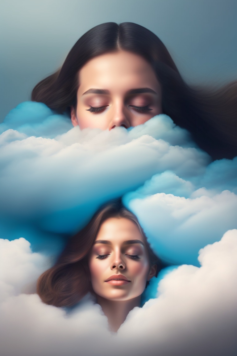 Lexica - Woman lies and sleeps above her is the same woman, made of clouds