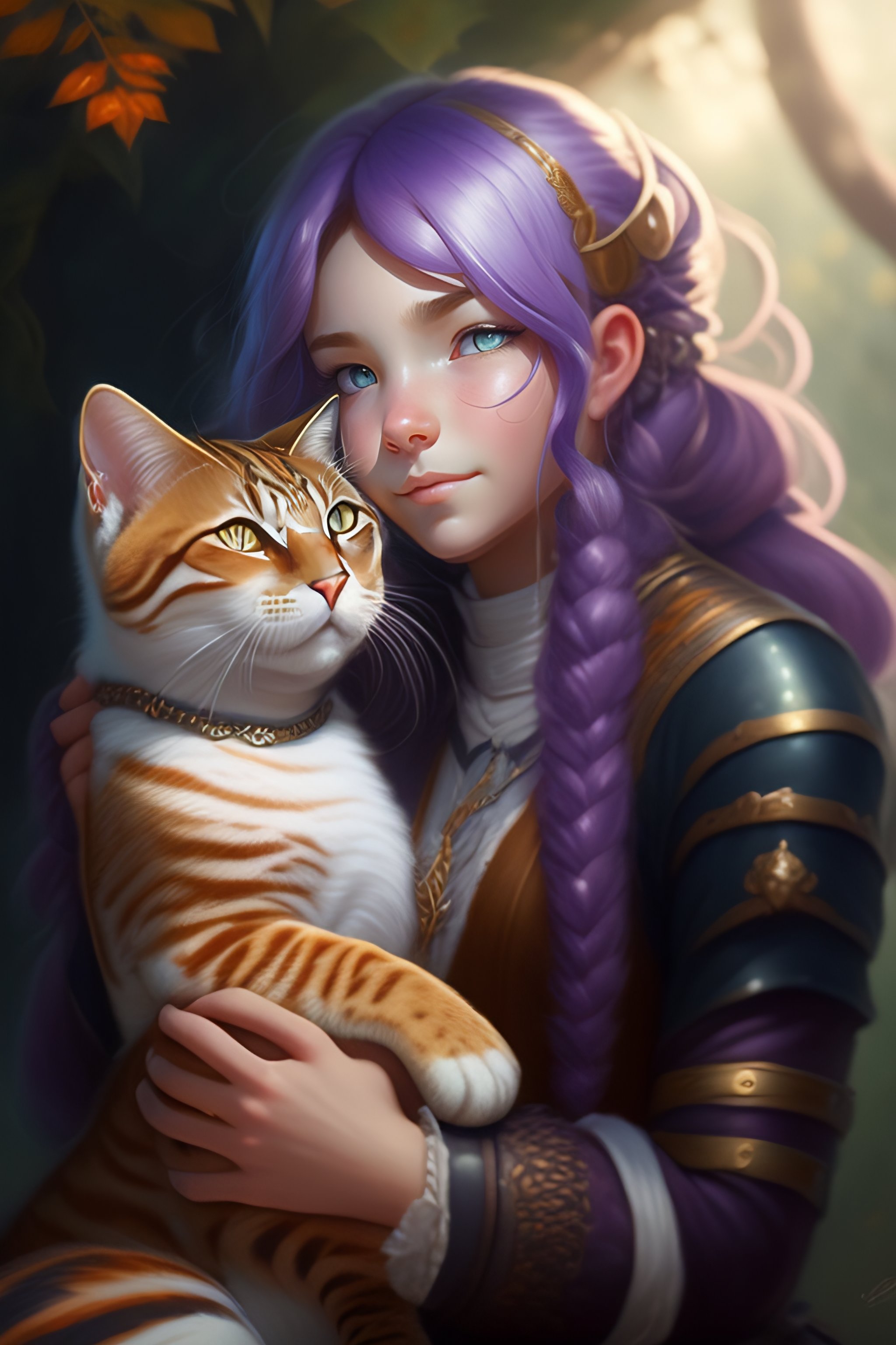 Lexica - A detailed portrait of a cute calm purple hair girl hugging a ...